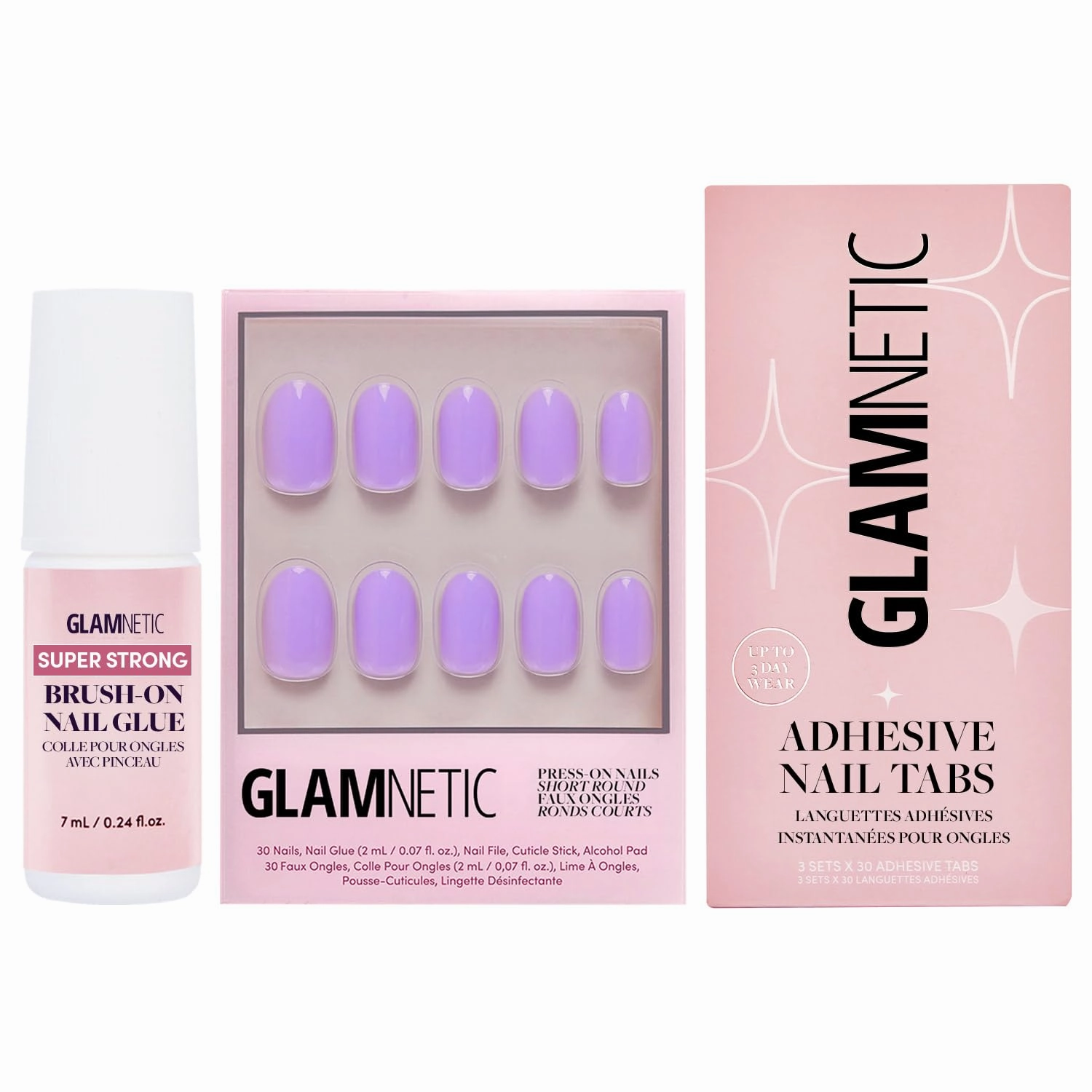 Glamnetic Press-On Nails - Lilac | Opaque Light Pastel Purple Round Nails | Matte Short Almond Dark Red Nails with Glossy French Tips | 12 Sizes - 30 Nail Kit with Glue & Nail Tabs