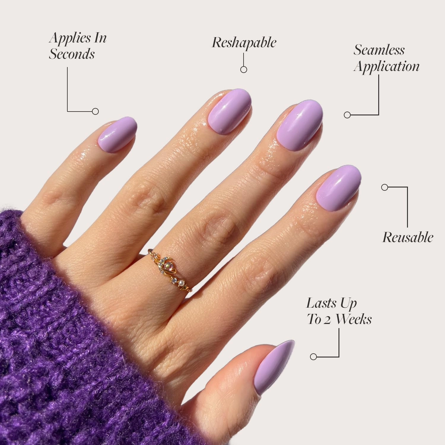Glamnetic Press On Nails - Lilac | Solid Opaque Light Pastel Purple Round Nails, Reusable | 12 Sizes - 30 Nail Kit