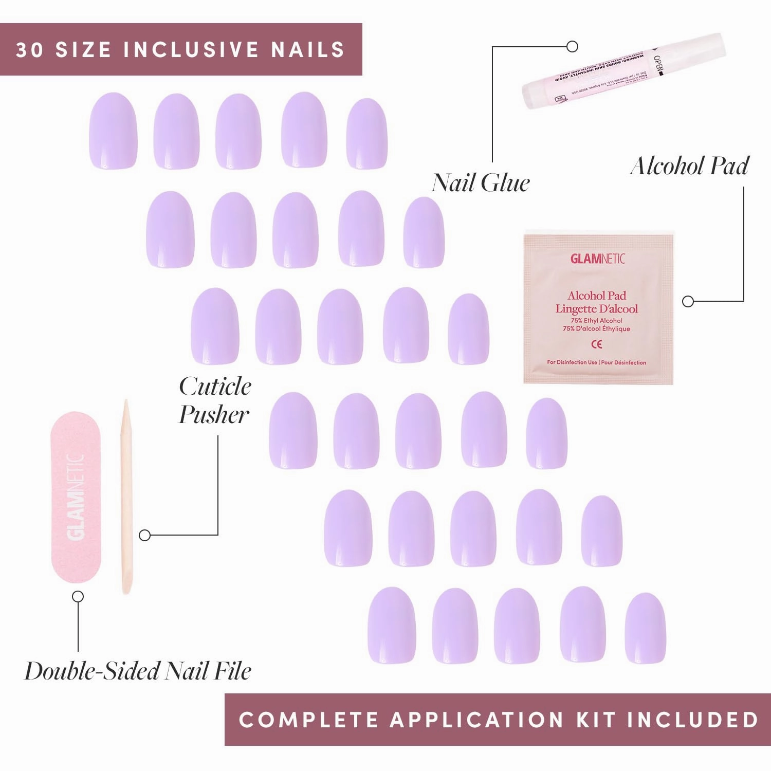 Glamnetic Press On Nails - Lilac | Solid Opaque Light Pastel Purple Round Nails, Reusable | 12 Sizes - 30 Nail Kit