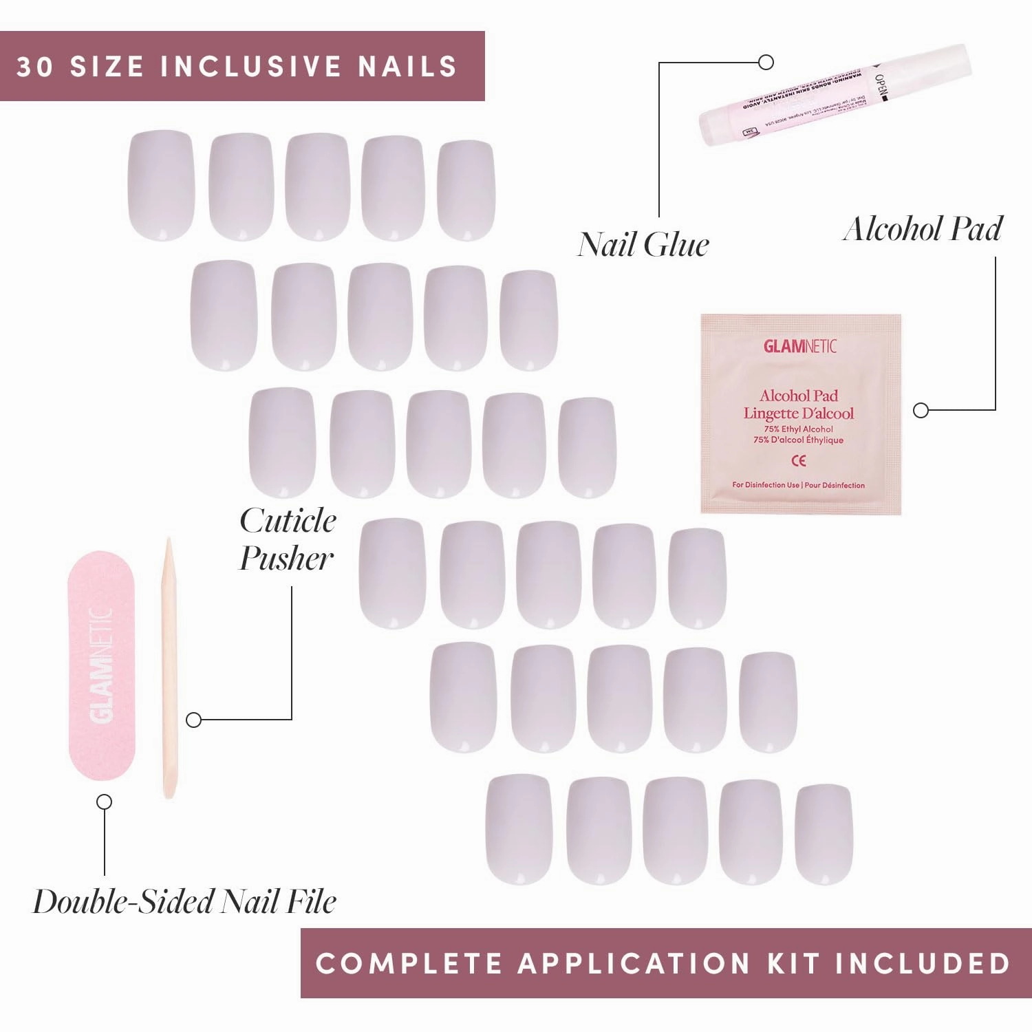 Glamnetic Press On Nails - Lilac Gray | Opaque Pale Light Lilac Gray Short Squoval False Nails, Reusable Stick On Fake Nails with Glue | Salon Quality | 15 Sizes - 30 Nail Kit