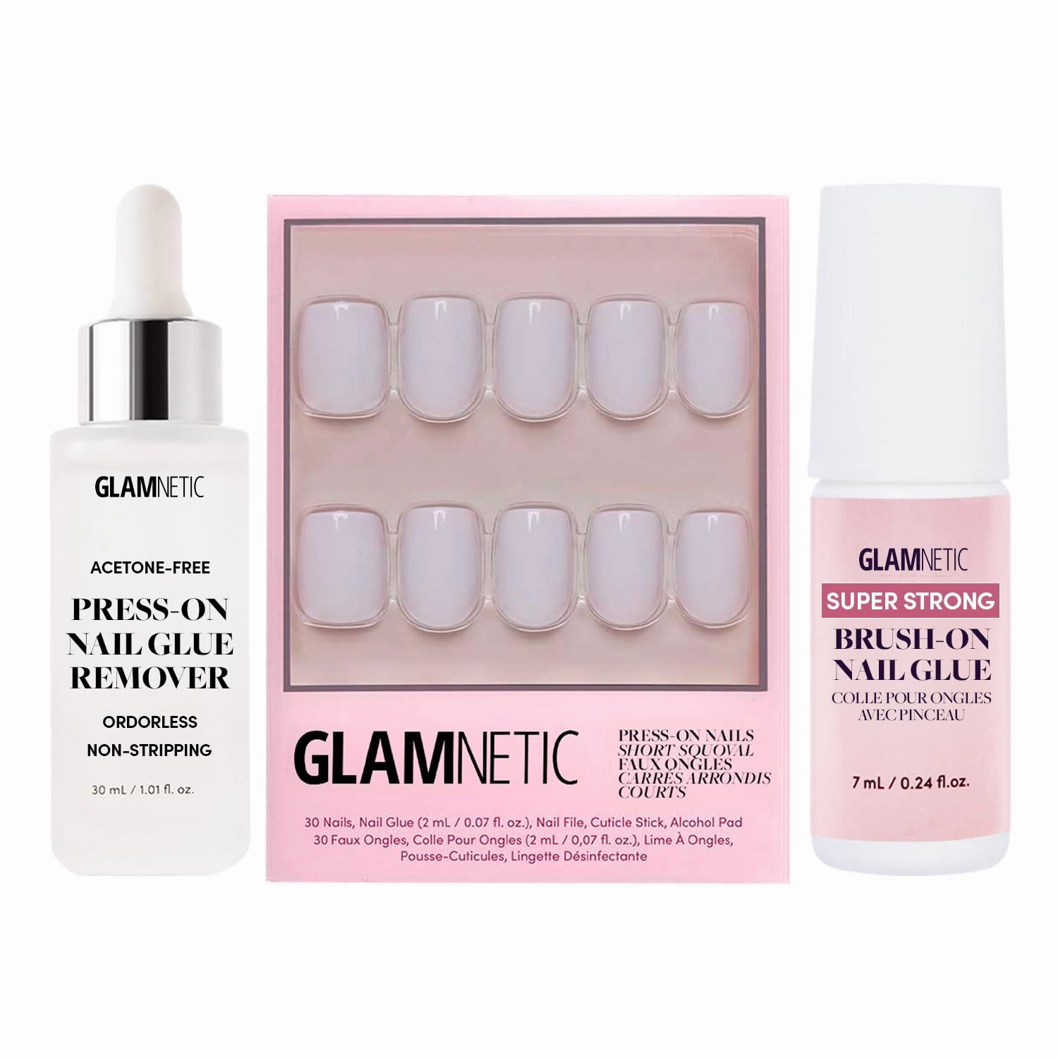 Glamnetic Press-On Nails - Lilac Gray | Super Strong Brush On Nail Glue & Press-On Nail Remover | Opaque Pale Light Lilac Gray Short Squoval False Nails | 15 Sizes - 30 Nail Kit with Glue and Remover
