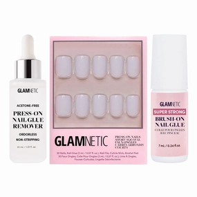 Glamnetic Press-On Nails - Lilac Gray | Super Strong Brush On Nail Glue & Press-On Nail Remover | Opaque Pale Light Lilac Gray Short Squoval False Nails | 15 Sizes - 30 Nail Kit with Glue and Remover