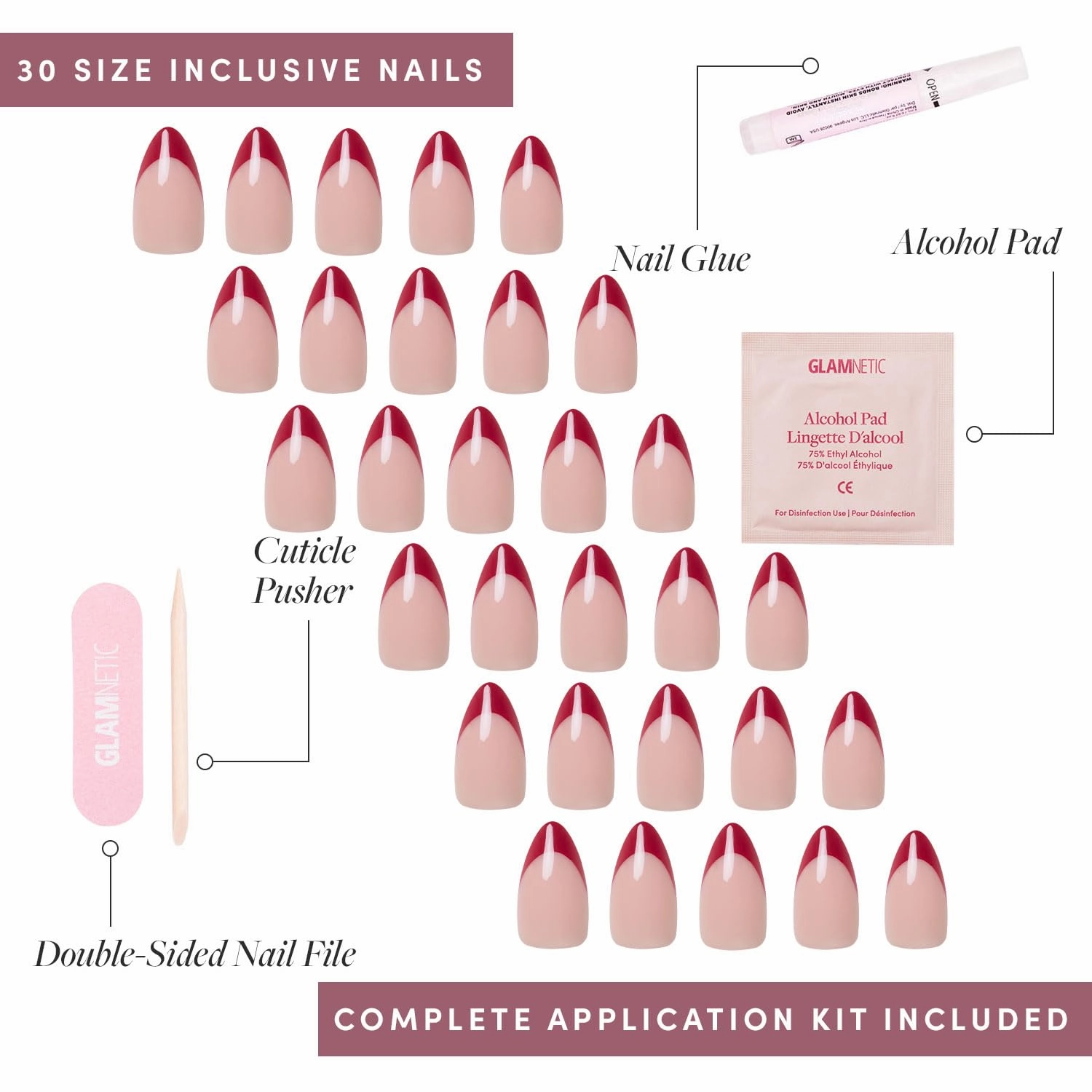 Glamnetic Press On Nails - Rose Garden | Semi-Transparent Red French Tip Short Almond False Nails, Reusable Stick On Fake Nails with Glue | Salon Quality | 15 Sizes - 30 Nail Kit