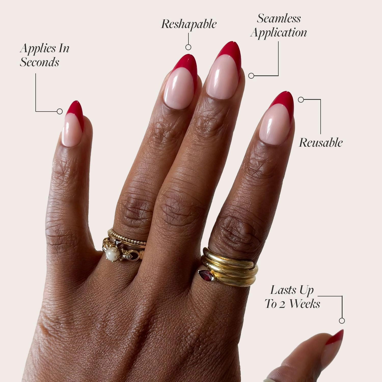 Glamnetic Press On Nails - Rose Garden | Semi-Transparent Red French Tip Short Almond False Nails, Reusable Stick On Fake Nails with Glue | Salon Quality | 15 Sizes - 30 Nail Kit