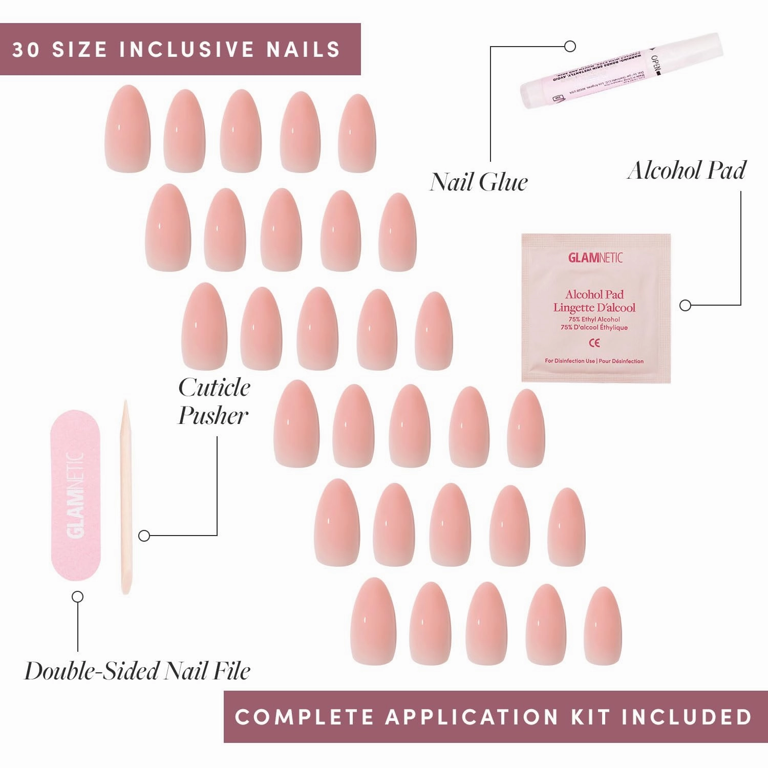 Glamnetic Press On Nails - Sheer Pink | Medium Almond Fake Nails, Sheer Light Pink Neutral, Reusable | 15 Sizes - 30 Nail Kit Wtih Glue