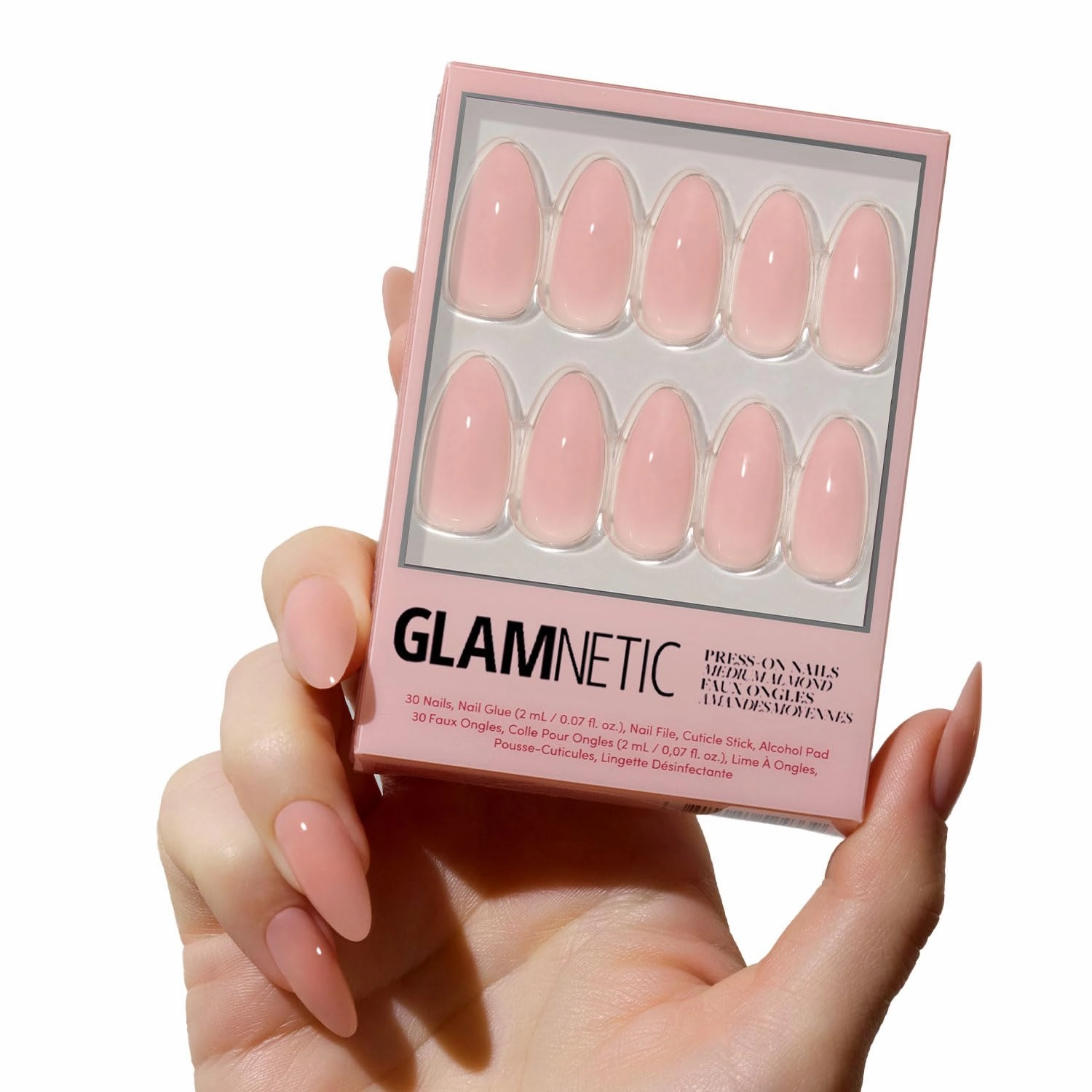 Glamnetic Press On Nails - Sheer Pink | Medium Almond Fake Nails, Sheer Light Pink Neutral, Reusable | 15 Sizes - 30 Nail Kit Wtih Glue