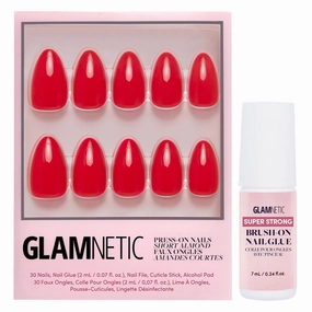 Glamnetic Press On Nails & Brush On Nail Glue Bundle - Fiery Red | Opaque Bright Red Short Almond Fake Nails, Reusable | 15 Sizes - 30 Nail Kit