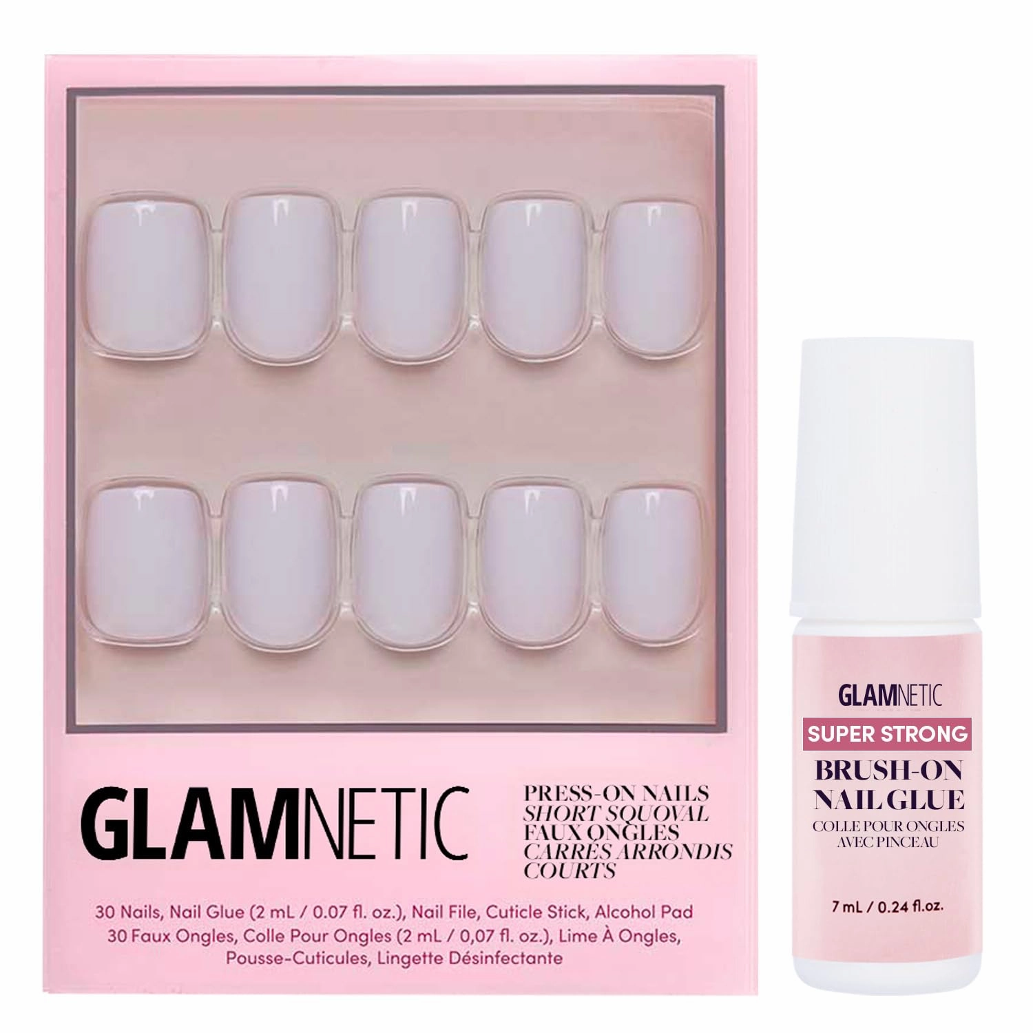 Glamnetic Press On Nails & Brush On Nail Glue Bundle - Lilac Gray | Opaque Pale Light Lilac Gray Short Squoval False Nails, Reusable | 15 Sizes - 30 Nail Kit with Glue