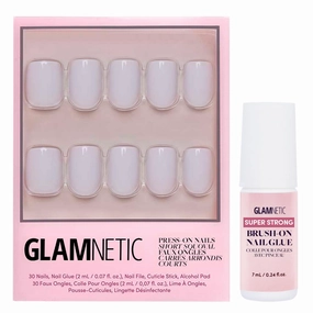Glamnetic Press On Nails & Brush On Nail Glue Bundle - Lilac Gray | Opaque Pale Light Lilac Gray Short Squoval False Nails, Reusable | 15 Sizes - 30 Nail Kit with Glue