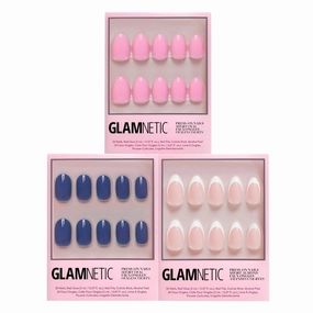 Glamnetic Press-On Nails Bundle - Lilac Gray, Boba & Caviar | Opaque Pale Light Lilac Gray Squoval False Nails | Opaque Black Almond Fake Nails | Almond Black French Tips