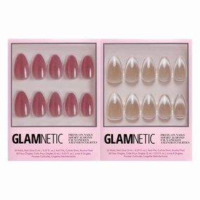 Glamnetic Press-On Nails Bundle - Rosé & Honey Bun | Short Almond Rosy-Pink Nails with a Mesmerizing Metallic Finish | Neutral Nude Velvet Sparkly Short Almond Fake Nails | Reusable Nail Kits
