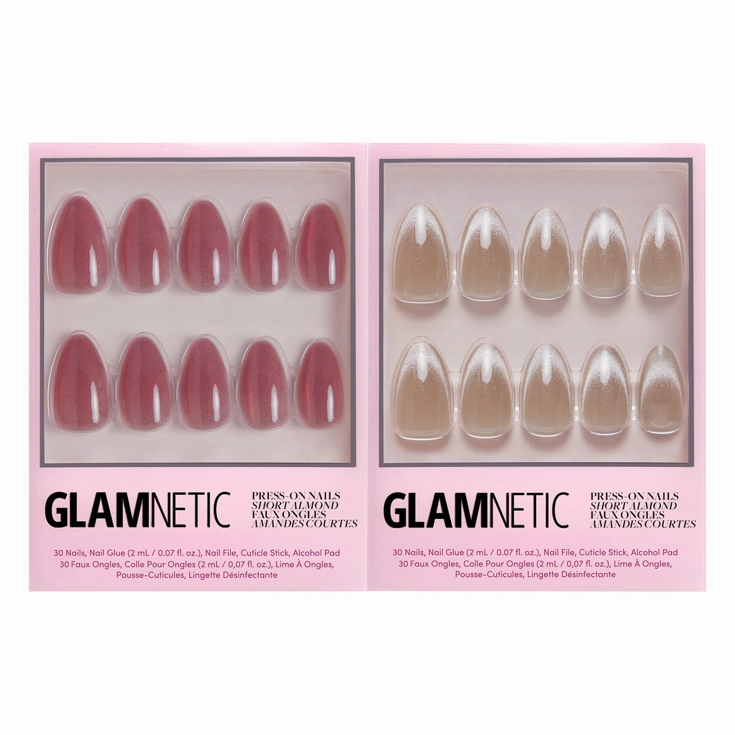 Glamnetic Press-On Nails Bundle - Rosé & Honey Bun | Short Almond Rosy-Pink Nails with a Mesmerizing Metallic Finish | Neutral Nude Velvet Sparkly Short Almond Fake Nails | Reusable Nail Kits