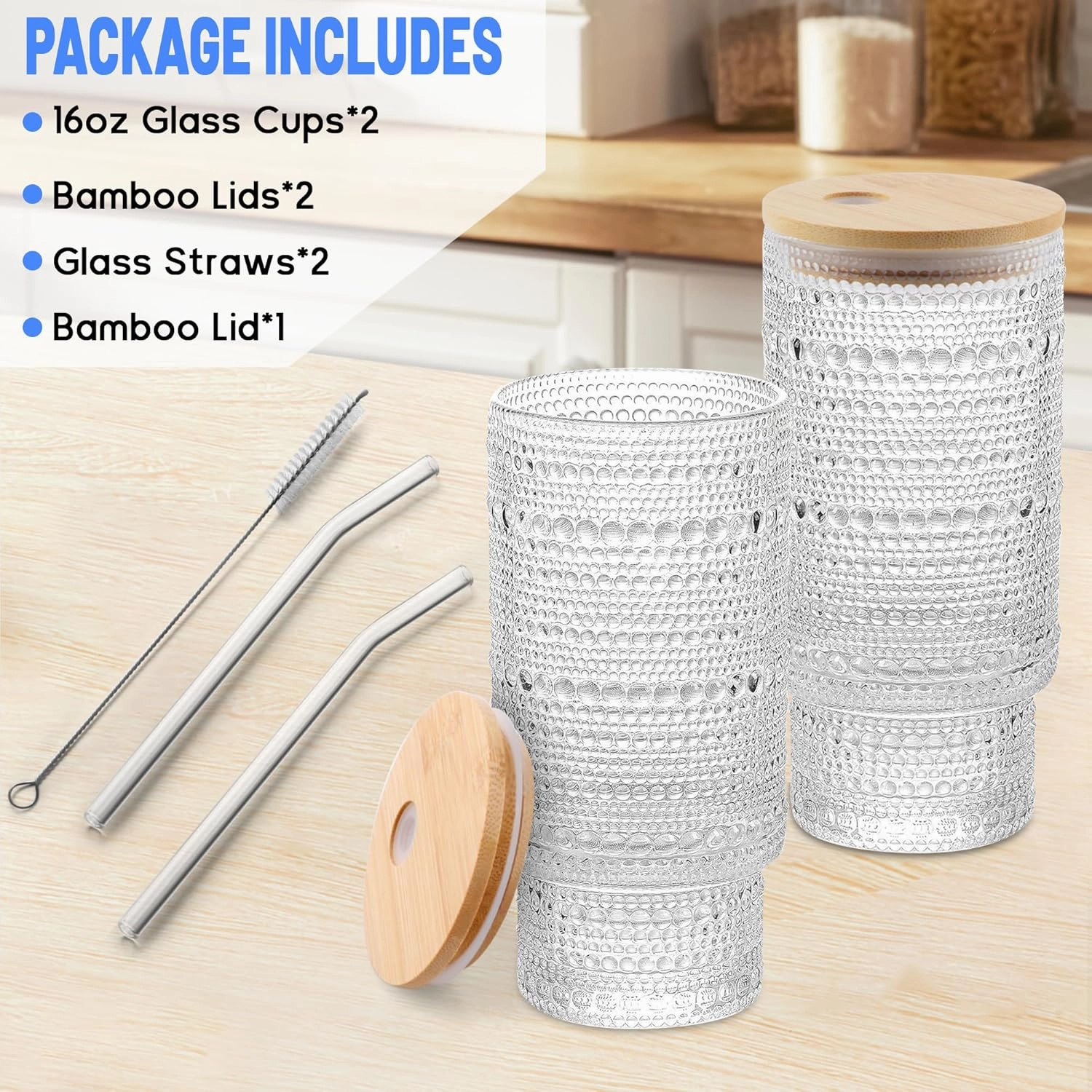 Glass Cups with Lids and Straws Embossed Set of 2, 16 oz Non-Slip Glasses Drinking Set with Leak-Proof Lids, Iced Coffee Cups, Vintage Tea cup, Ideal for Cocktail, Whiskey(4PACK)