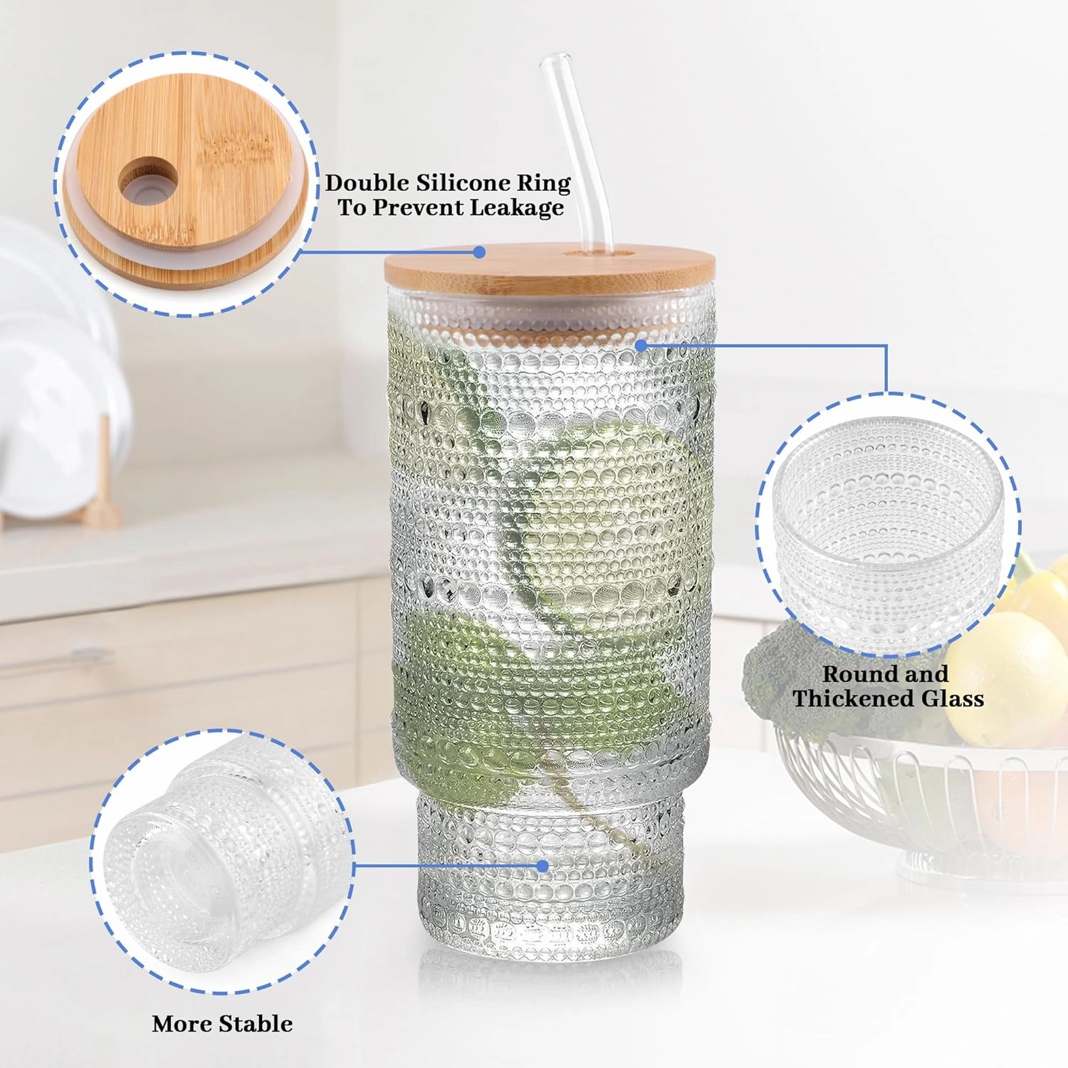 Glass Cups with Lids and Straws Embossed Set of 2, 16 oz Non-Slip Glasses Drinking Set with Leak-Proof Lids, Iced Coffee Cups, Vintage Tea cup, Ideal for Cocktail, Whiskey(4PACK)