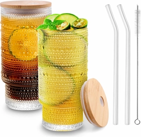 Glass Cups with Lids and Straws Embossed Set of 2, 16 oz Non-Slip Glasses Drinking Set with Leak-Proof Lids, Iced Coffee Cups, Vintage Tea cup, Ideal for Cocktail, Whiskey(4PACK)