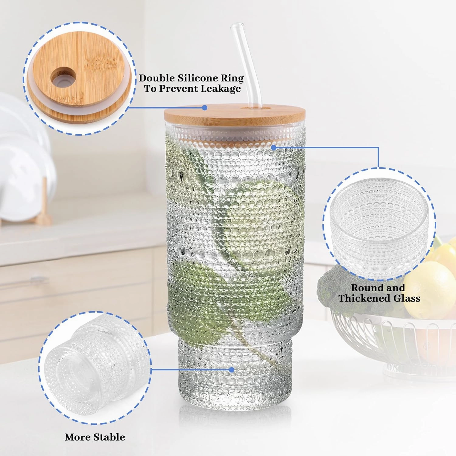 Glass Cups with Lids and Straws Set of 4, Embossed 16 oz Non-Slip Glasses Drinking Set with Leak-Proof Lids, Iced Coffee Cups, Vintage Tea cup, Ideal for Cocktail, Whiskey(4PACK)