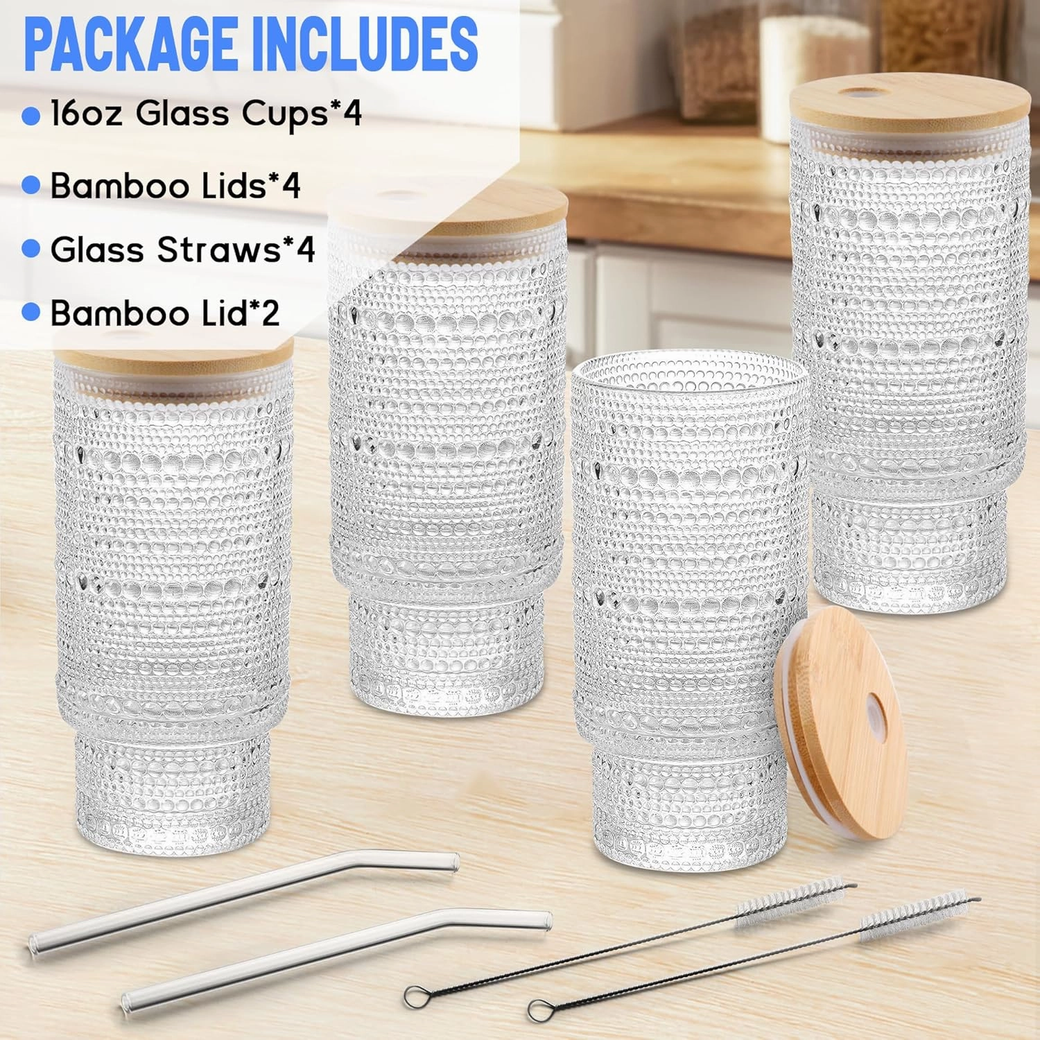 Glass Cups with Lids and Straws Set of 4, Embossed 16 oz Non-Slip Glasses Drinking Set with Leak-Proof Lids, Iced Coffee Cups, Vintage Tea cup, Ideal for Cocktail, Whiskey(4PACK)