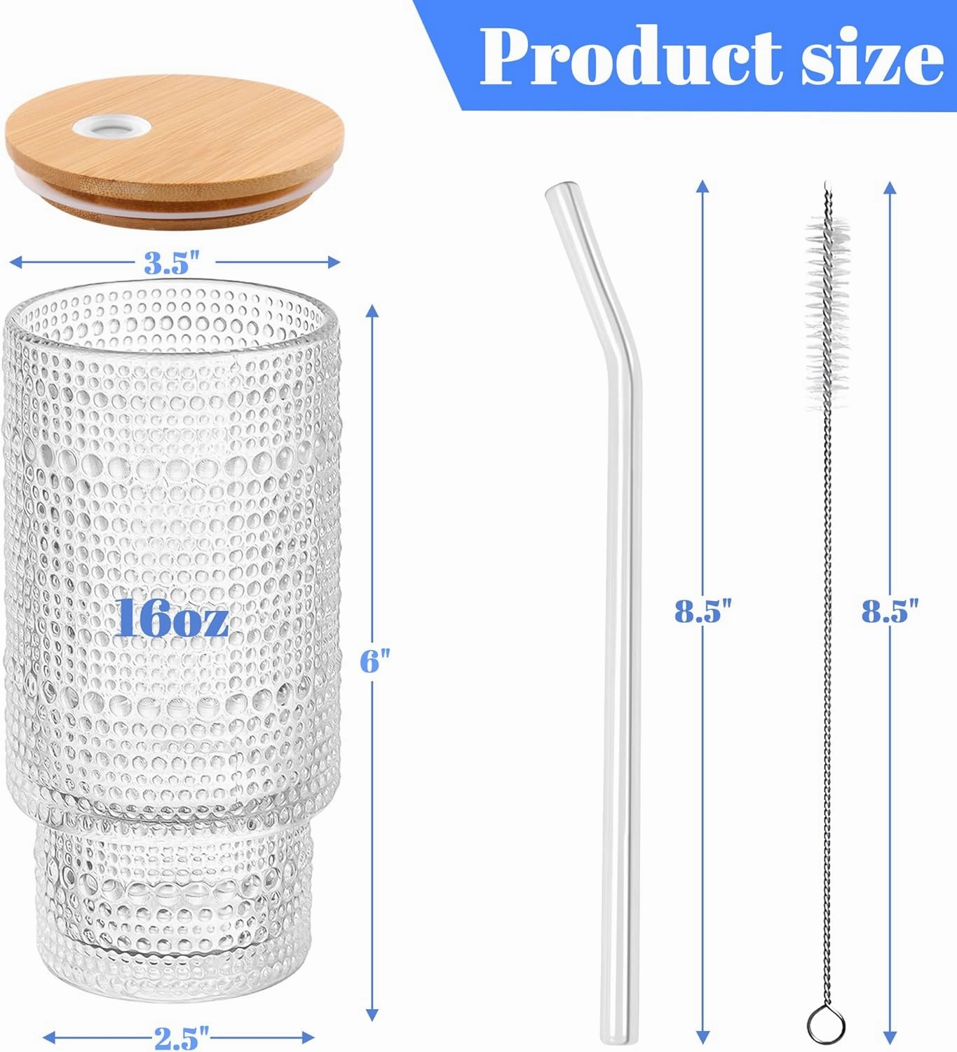 Glass Cups with Lids and Straws Set of 4, Embossed 16 oz Non-Slip Glasses Drinking Set with Leak-Proof Lids, Iced Coffee Cups, Vintage Tea cup, Ideal for Cocktail, Whiskey(4PACK)