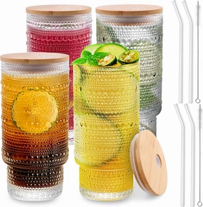 Glass Cups with Lids and Straws Set of 4, Embossed 16 oz Non-Slip Glasses Drinking Set with Leak-Proof Lids, Iced Coffee Cups, Vintage Tea cup, Ideal for Cocktail, Whiskey(4PACK)