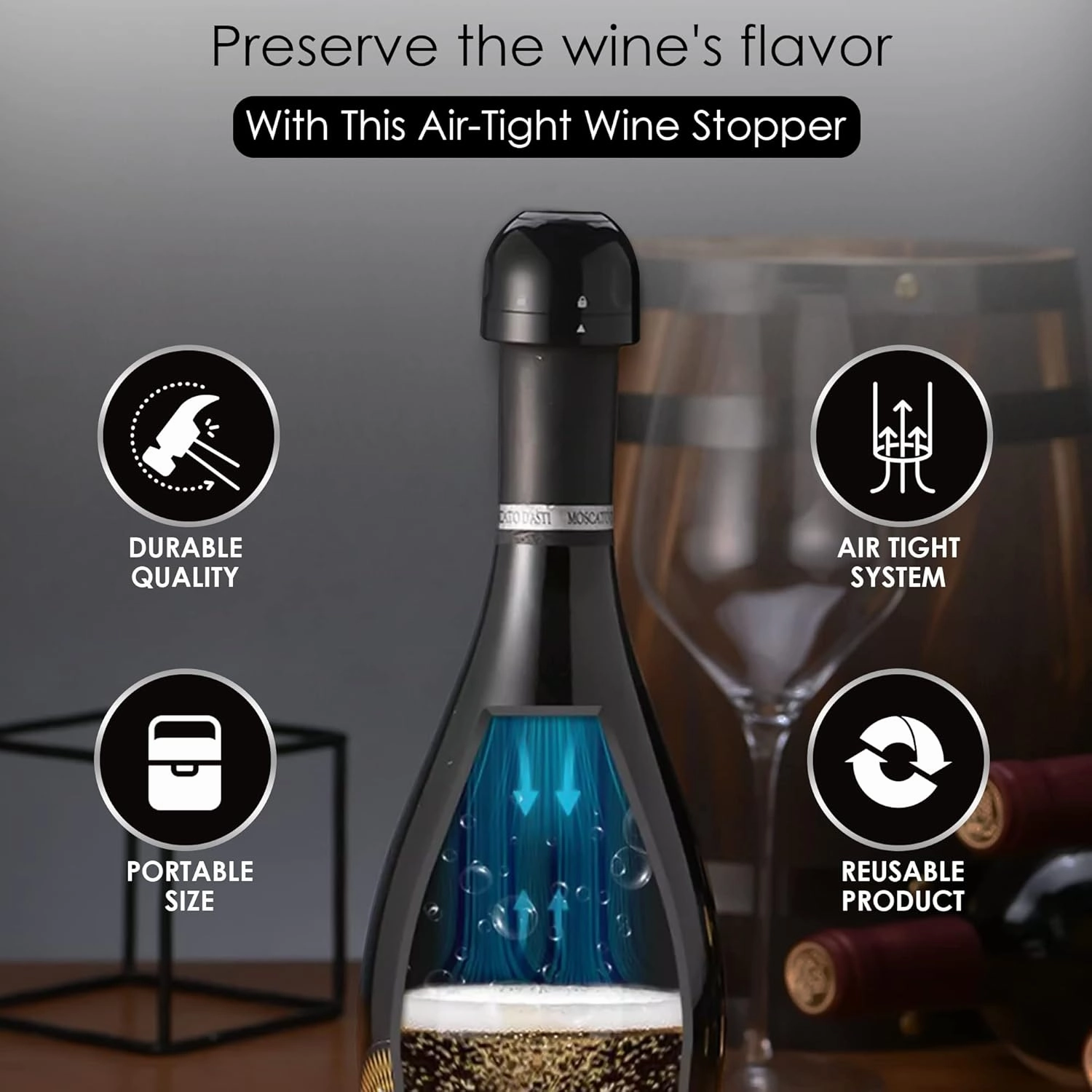 GOCHA | Vacuum Wine & Champagne Preserver Set | Built-in Vacuum Seal Technology | 1.5 inch Silicone Twist Top | Reusable, Leak Proof Cork | (Pack of 4, 2 Wine   2 Champagne)