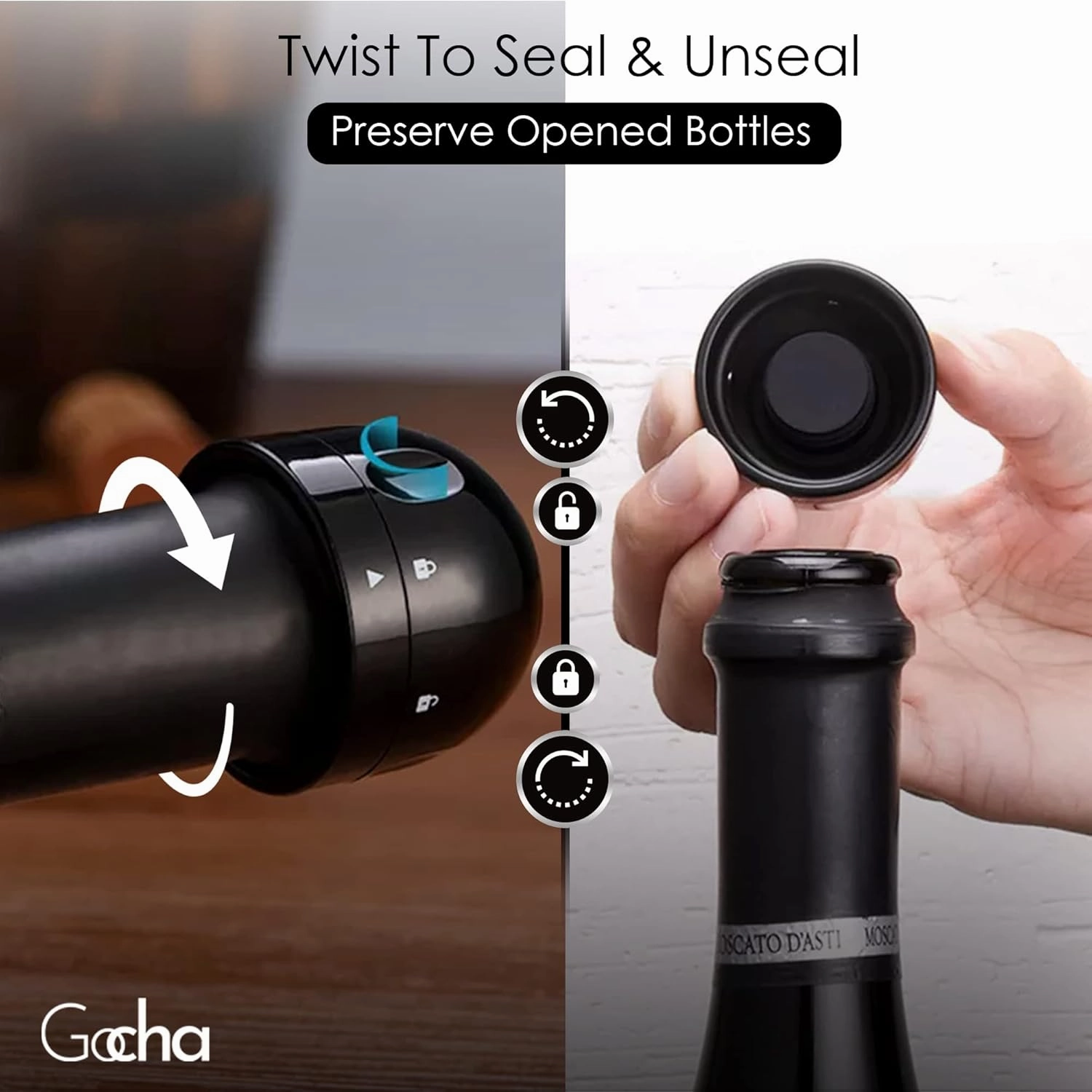GOCHA | Vacuum Wine & Champagne Preserver Set | Built-in Vacuum Seal Technology | 1.5 inch Silicone Twist Top | Reusable, Leak Proof Cork | (Pack of 4, 2 Wine   2 Champagne)