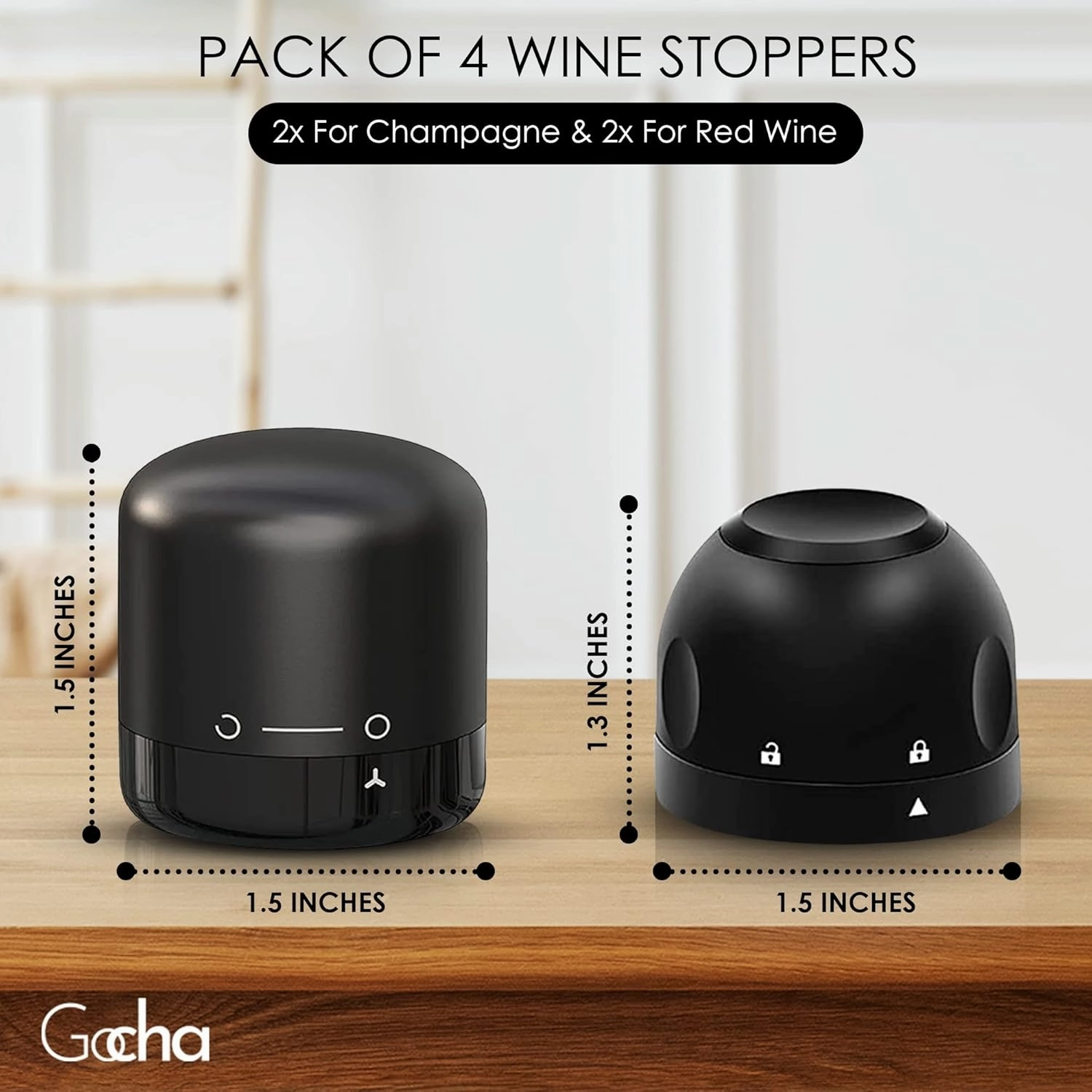 GOCHA | Vacuum Wine & Champagne Preserver Set | Built-in Vacuum Seal Technology | 1.5 inch Silicone Twist Top | Reusable, Leak Proof Cork | (Pack of 4, 2 Wine   2 Champagne)