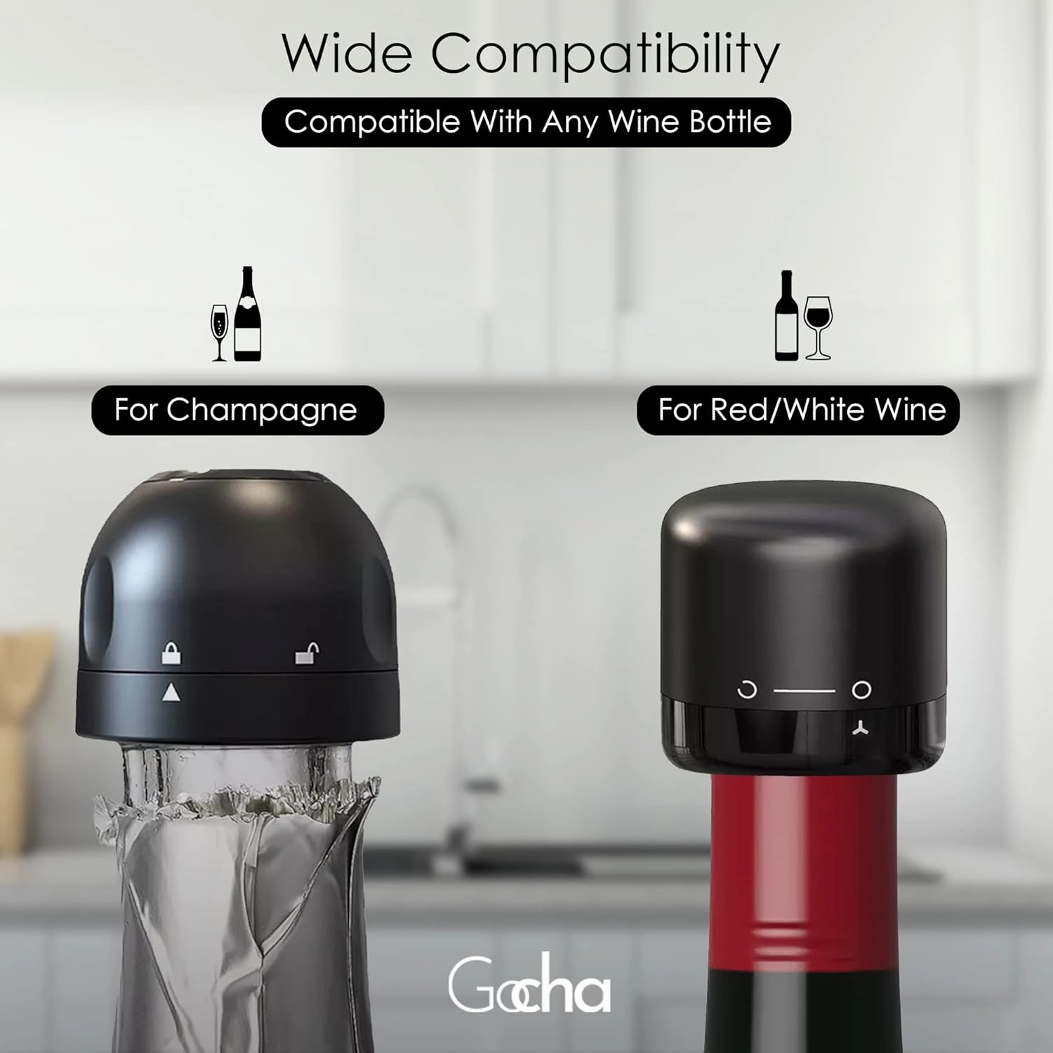 GOCHA | Vacuum Wine & Champagne Preserver Set | Built-in Vacuum Seal Technology | 1.5 inch Silicone Twist Top | Reusable, Leak Proof Cork | (Pack of 4, 2 Wine   2 Champagne)
