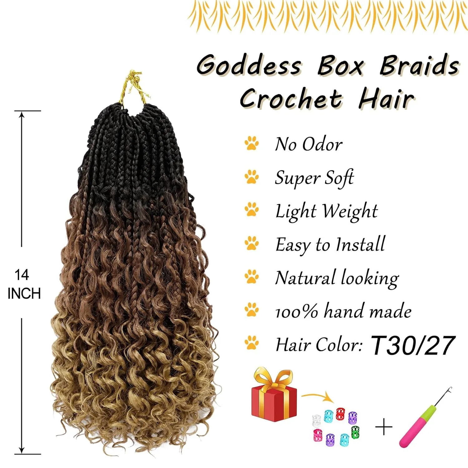 Goddess Box Braids Crochet Hair 14 Inch Pre-looped Bohomian Crochet Box Braids Curly Ends 8 Packs 3X Crochet Braids for Women Synthetic Braiding Hair Extension (1B/30/27)