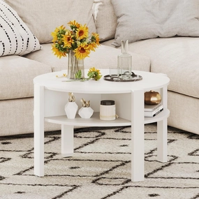 GOFLAME Round Coffee Table with Storage, 29.5” Wooden Center Table with 4 Open Compartments, Modern Accent Tea Tables, 2-Tier Circle Coffee Tables for Living Room, Reception Room, White