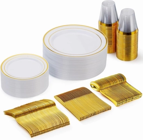 Goodluck 150 Pieces Gold Disposable Plates for 25 Guests, Plastic Party, Wedding, Dinnerware Set of Dinner Plates, Salad Spoons, Forks, Knives, Cups