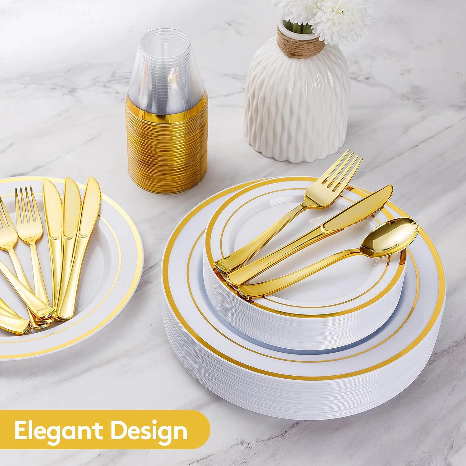 Goodluck 150 Pieces Gold Disposable Plates for 25 Guests, Plastic Party, Wedding, Dinnerware Set of Dinner Plates, Salad Spoons, Forks, Knives, Cups