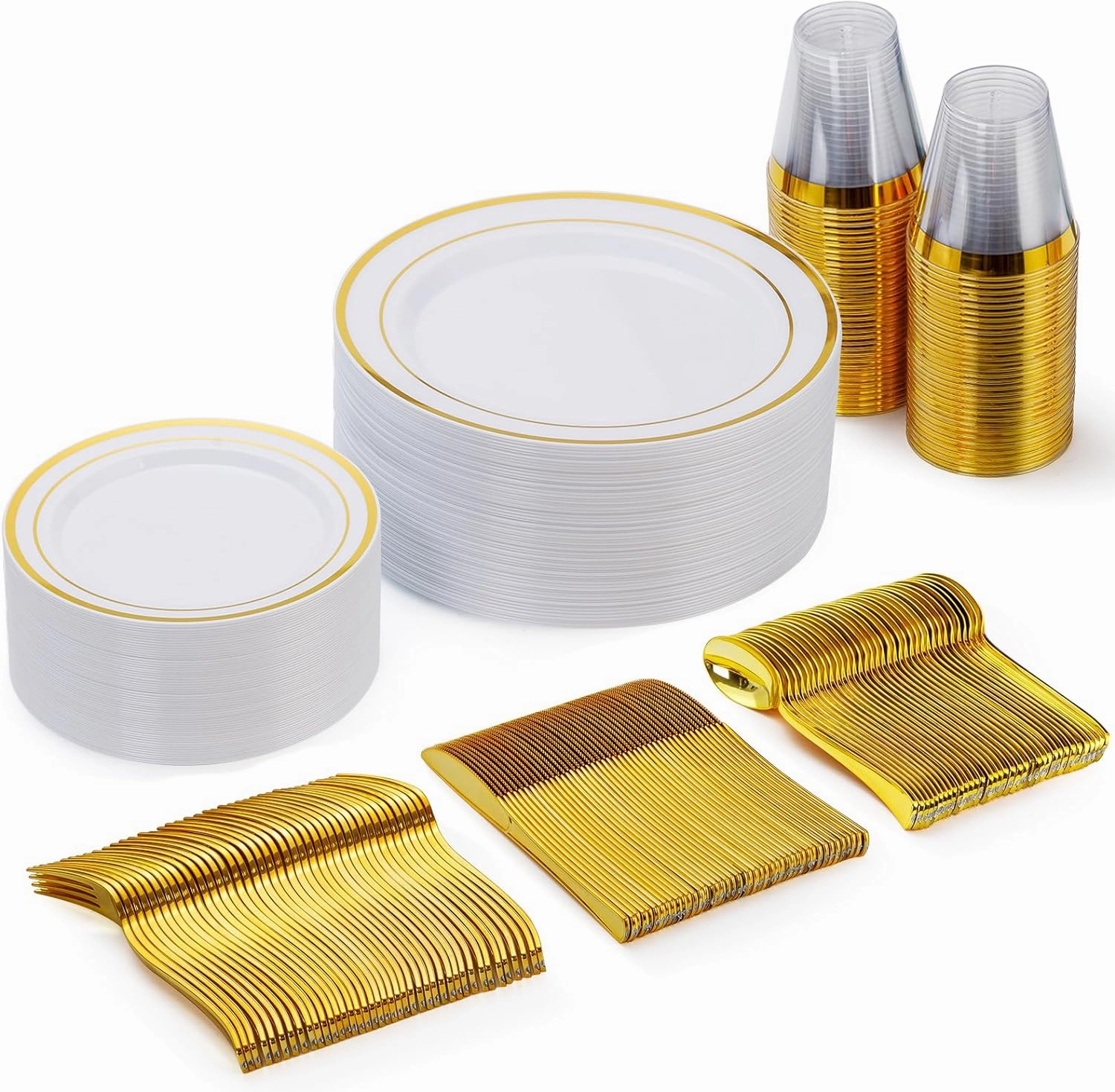 Goodluck 150 Pieces Gold Disposable Plates for 25 Guests, Plastic Party, Wedding, Dinnerware Set of Dinner Plates, Salad Spoons, Forks, Knives, Cups