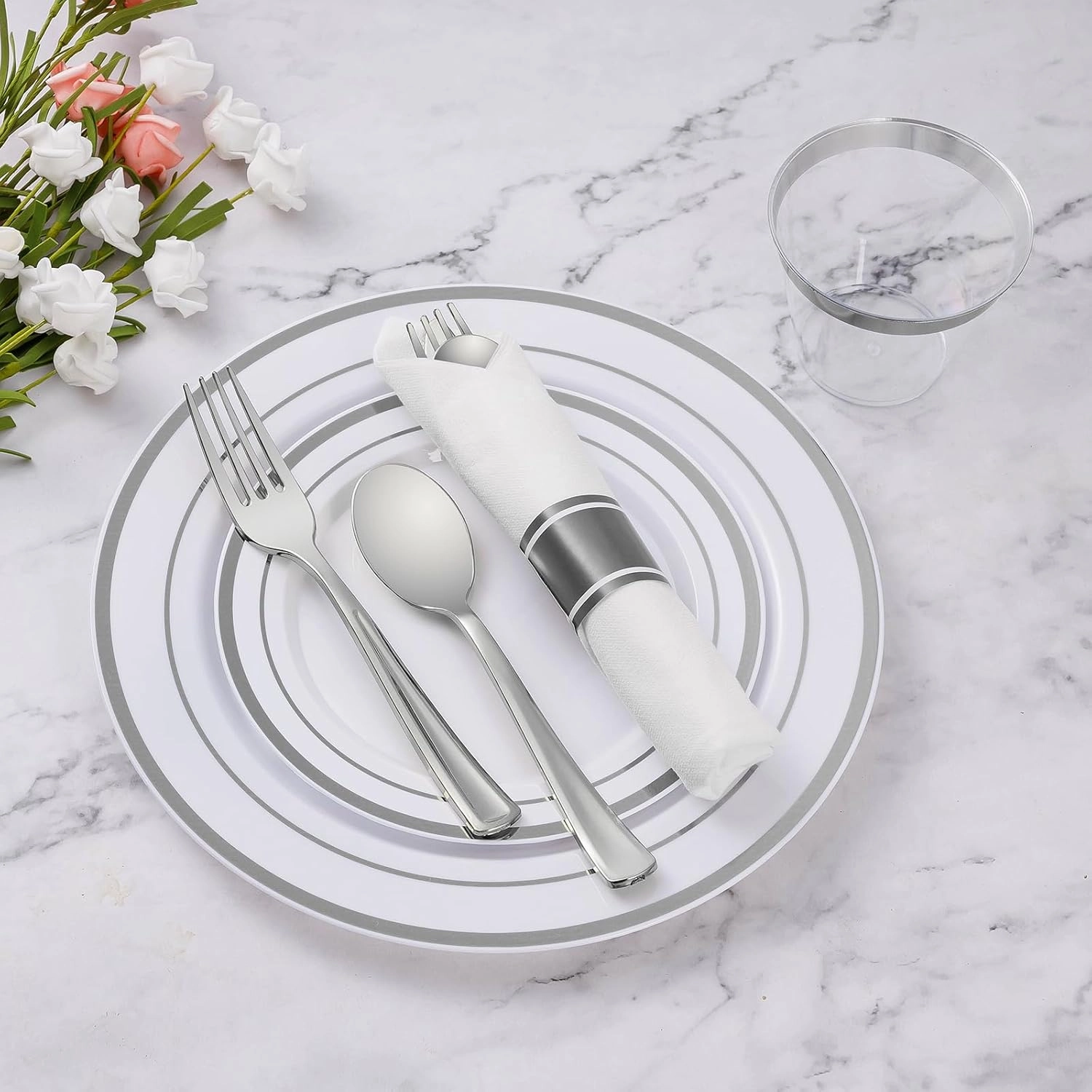 Goodluck 350 Piece Silver Plastic Dinnerware Set for 50 Guests, Fancy Disposable Plates for Party, Include: 50 Dinner Plates, 50 Dessert Plates, 50 Pre Rolled Napkins with Silver Silverware, 50 Cups