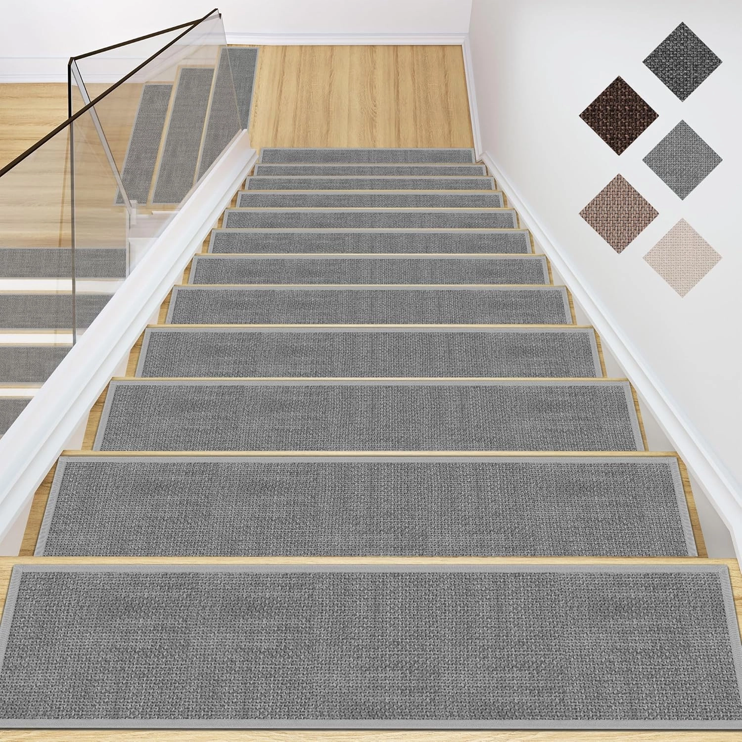 GOYLSER Jute Stair Treads Non Slip for Wooden Steps Set of 15, 8"x30" Anti Slip Grey Stair Mats Indoor Stair Covers Step Pads, Skid Resistant No Adhesive Step Traction, Grey