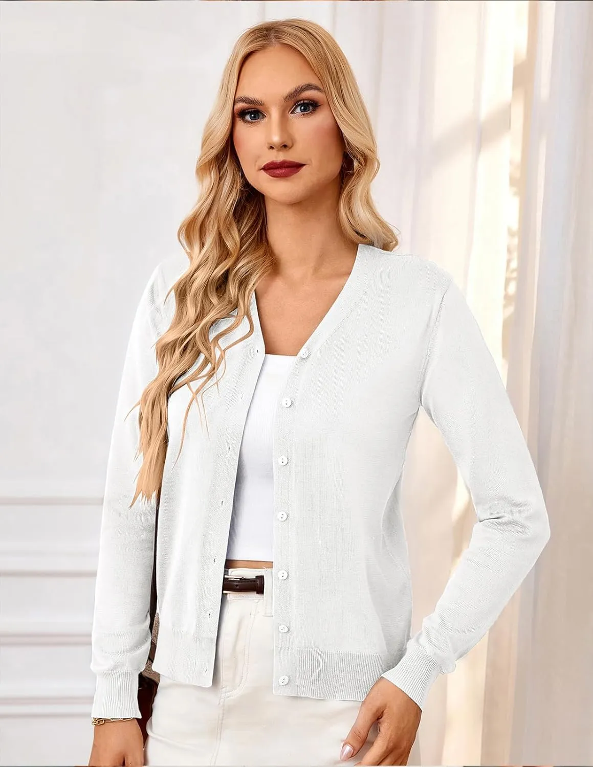 GRACE KARIN Women's Long Sleeve Button Down Vee Neck Classic Sweater Knit Cardigan