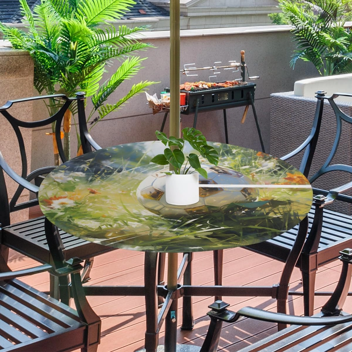 Grassland Football Outdoor Circular Tablecloth with Elastic Edges and Waterproof Umbrella Holes, Suitable for Indoor and Outdoor Activities Such as picnics, barbecues, Gardens, etc(45-56in)