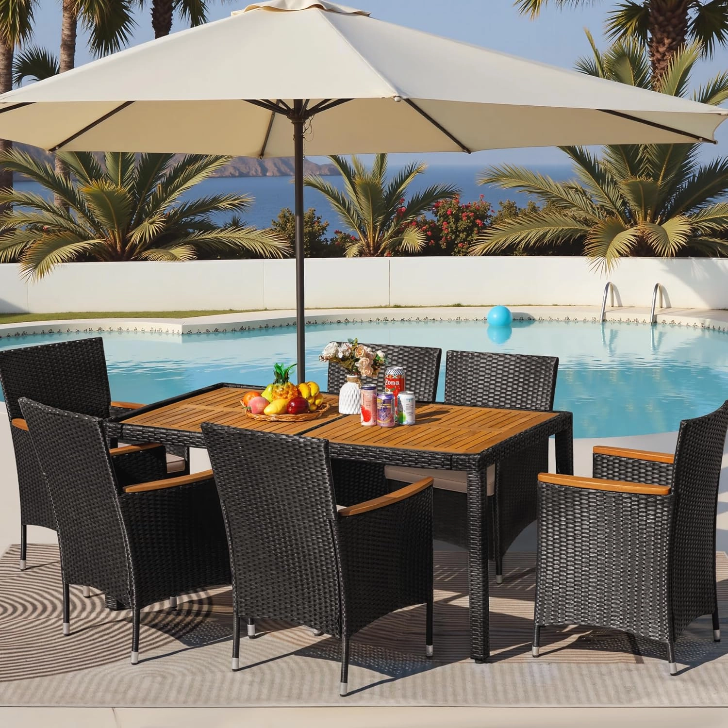 Greesum 7 Pieces Outdoor Patio Dining Set, Conversation Sets with 1 Table and 6 Rattan Chairs with Curved Acacia Wooden Armrests and Cushions, Black