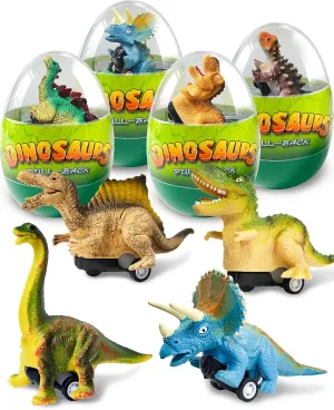 Greingways 4 Pack Dinosaur Pull Back Cars Prefilled Plastic Easter Eggs with Toys Inside Filled, Toddler Easter Basket Stuffers Egg Fillers Montessori Toys Easter Gifts for Kids Boys Girls
