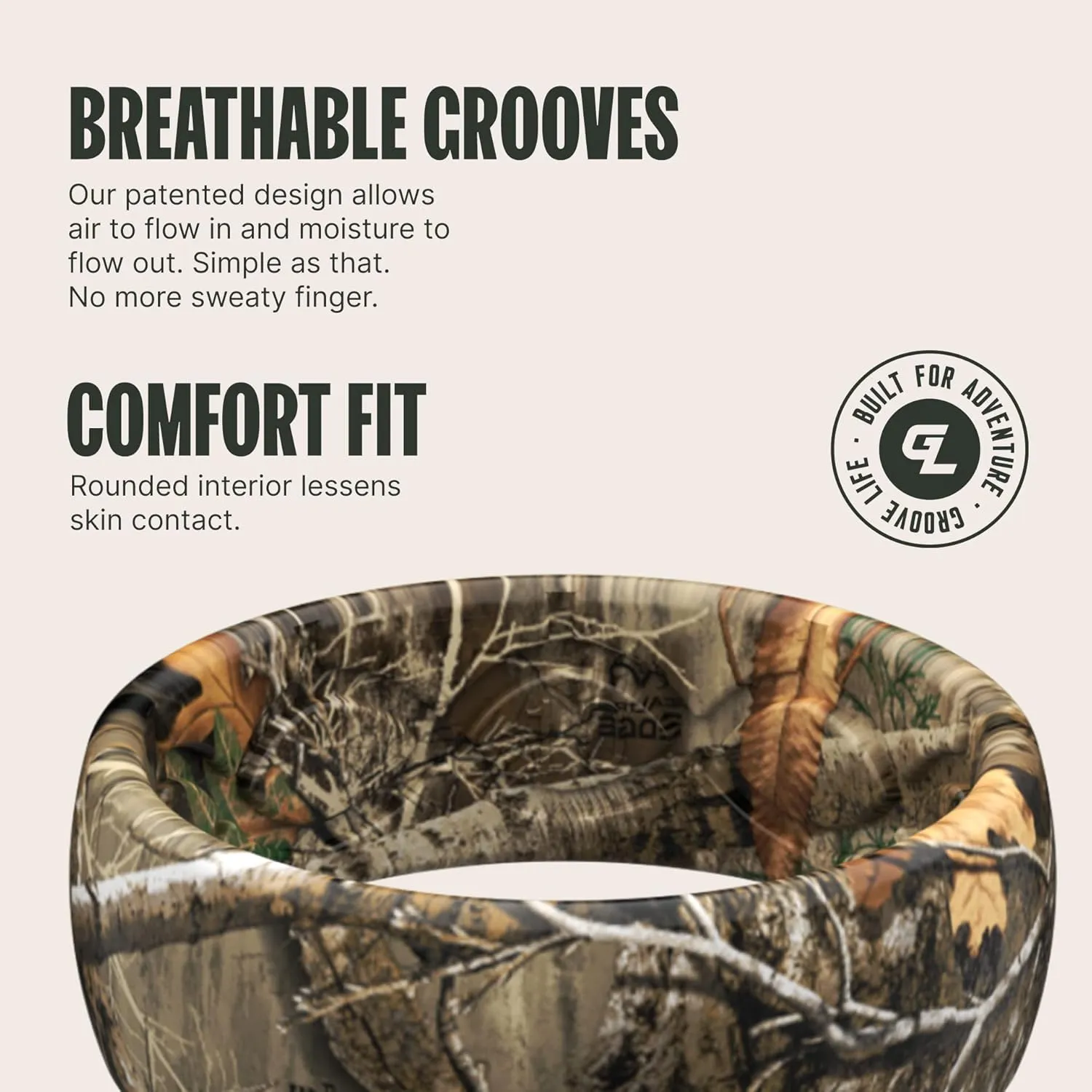 Groove Life RealTree Camo Silicone Ring - Breathable Rubber Wedding Rings for Men, Lifetime Coverage, Unique Design, Comfort Fit Ring