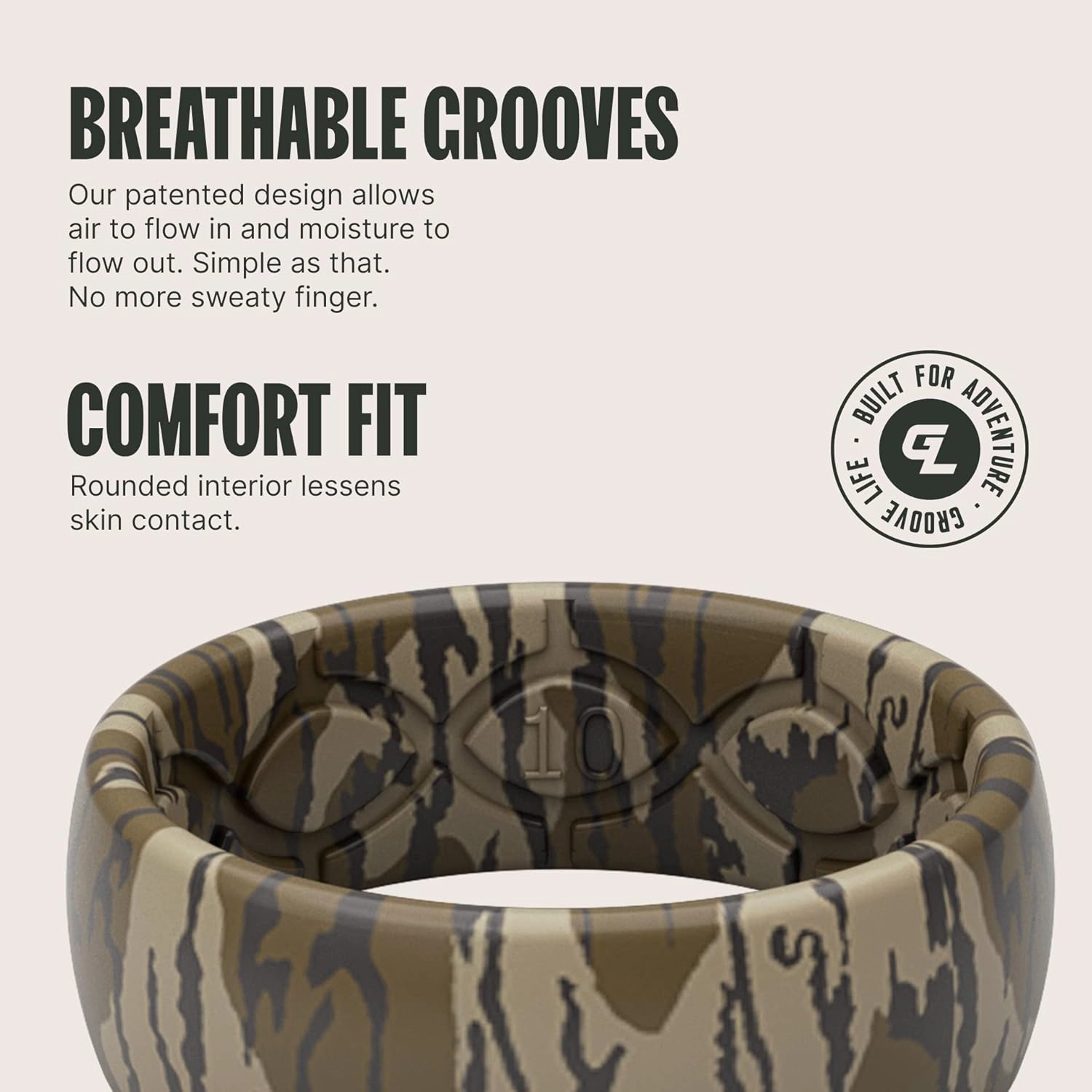Groove Life Mossy Oak Camo Silicone Ring Breathable Rubber Wedding Rings for Men, Lifetime Coverage, Unique Design, Comfort Fit Ring