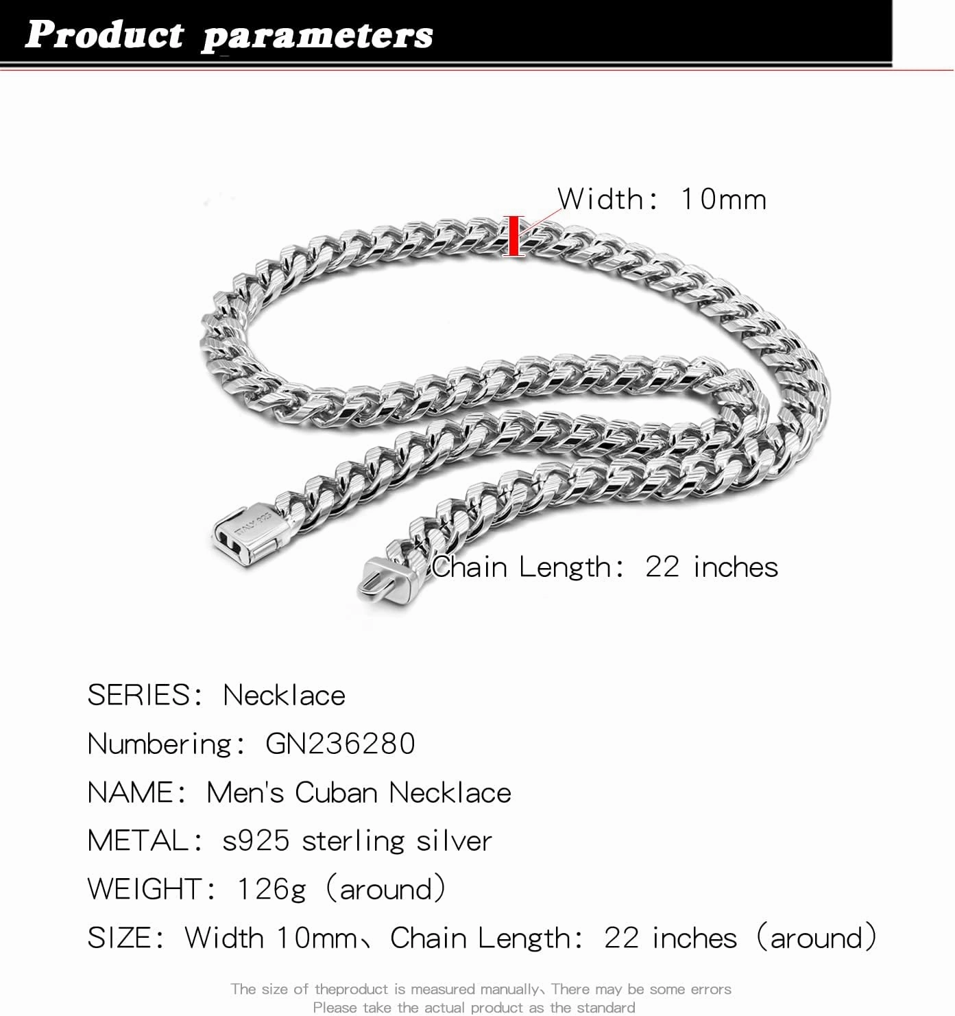 H&Beautimer Men Fashion 925 Sterling Silver Classic Cuban Necklace 10mm-18 20 "22" 24" 26" 28" Curb Cuban ChainSolid Thick Large Link Chocke rFor Man & Boys Jewelry Gift