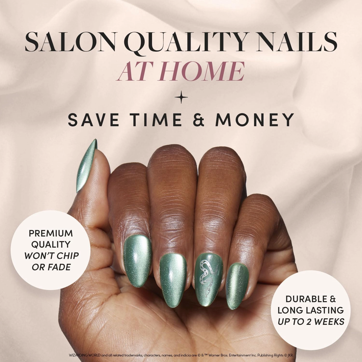 Harry Potter™ x Glamnetic Press On Nails - Slytherin™ | Velvet Green Snake Serpent Graphic Short Almond False Nails, Reusable Stick On Fake Nails with Glue | Salon Quality | 15 Sizes - 30 Nail Kit