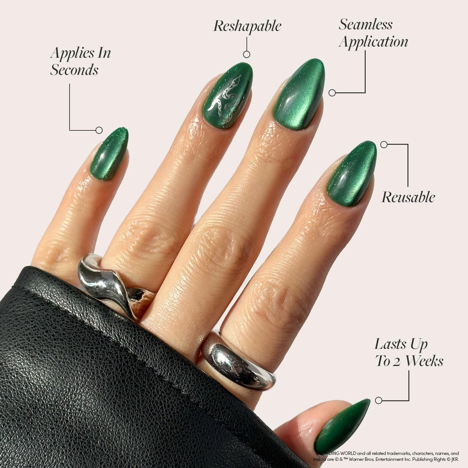 Harry Potter™ x Glamnetic Press On Nails - Slytherin™ | Velvet Green Snake Serpent Graphic Short Almond False Nails, Reusable Stick On Fake Nails with Glue | Salon Quality | 15 Sizes - 30 Nail Kit