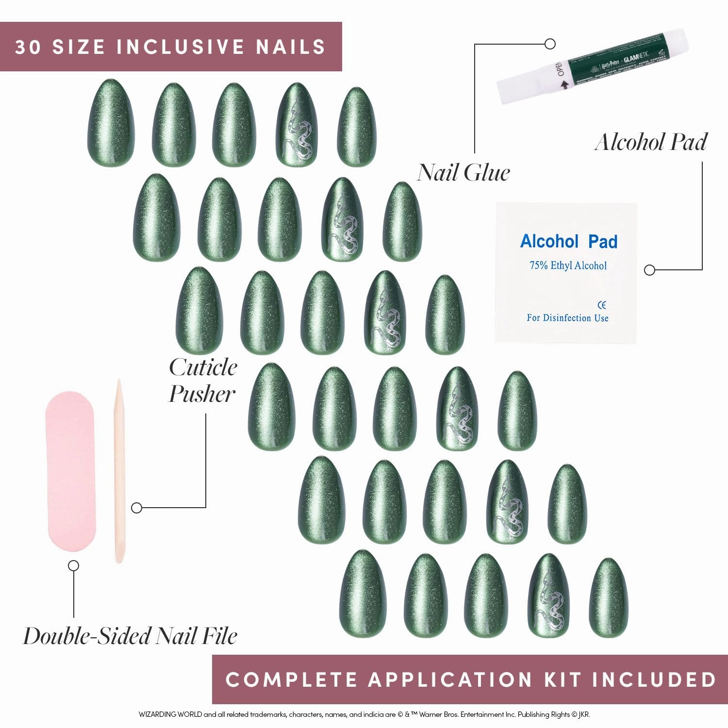 Harry Potter™ x Glamnetic Press On Nails - Slytherin™ | Velvet Green Snake Serpent Graphic Short Almond False Nails, Reusable Stick On Fake Nails with Glue | Salon Quality | 15 Sizes - 30 Nail Kit