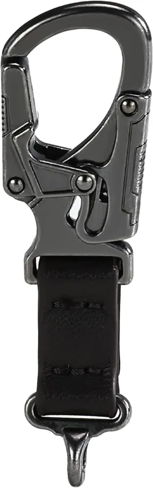 Heavy Duty Dual Lock Keychain Carabiner Clip with PU Leather Strap, 110 lbs Load Capacity, Zinc Alloy, Black, 3.2 x 1 inches