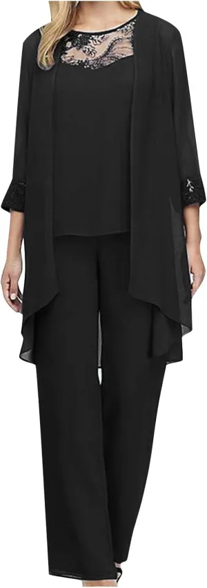 HGps8w Women 3 Pieces Mother of The Groom Pant Suits Elegant Chiffon Wedding Guest Formal Mother of The Bride Outfit Sets