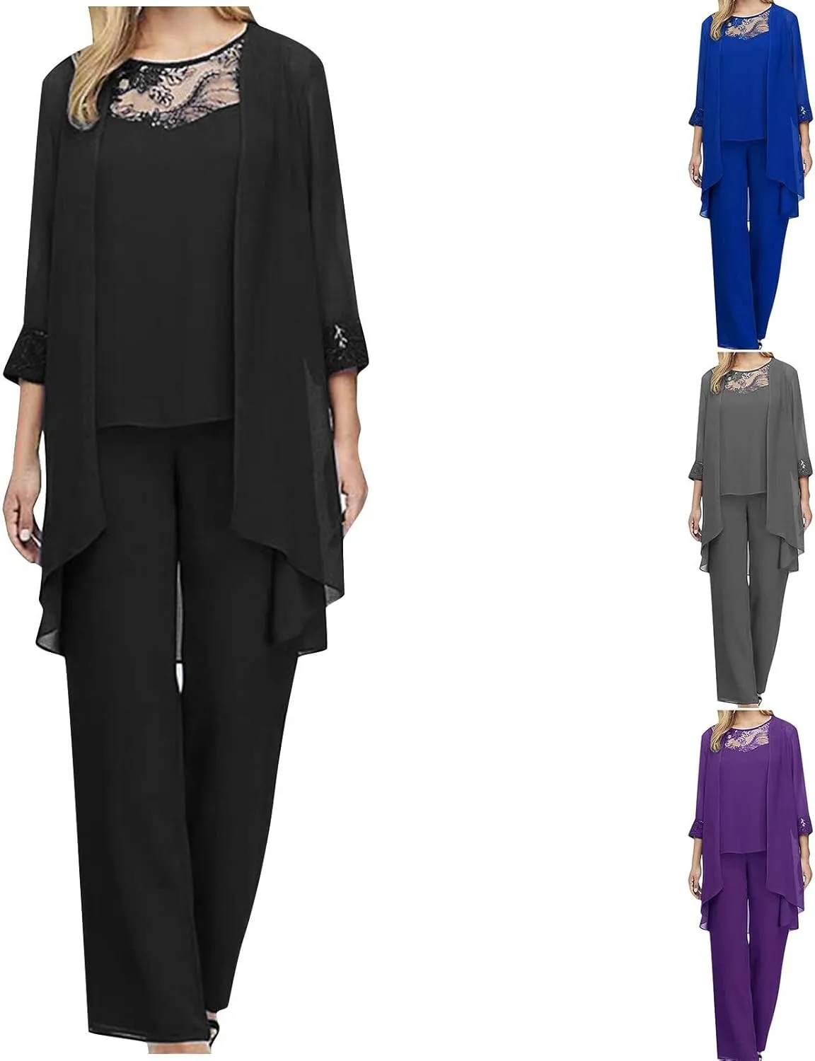 HGps8w Women 3 Pieces Mother of The Groom Pant Suits Elegant Chiffon Wedding Guest Formal Mother of The Bride Outfit Sets