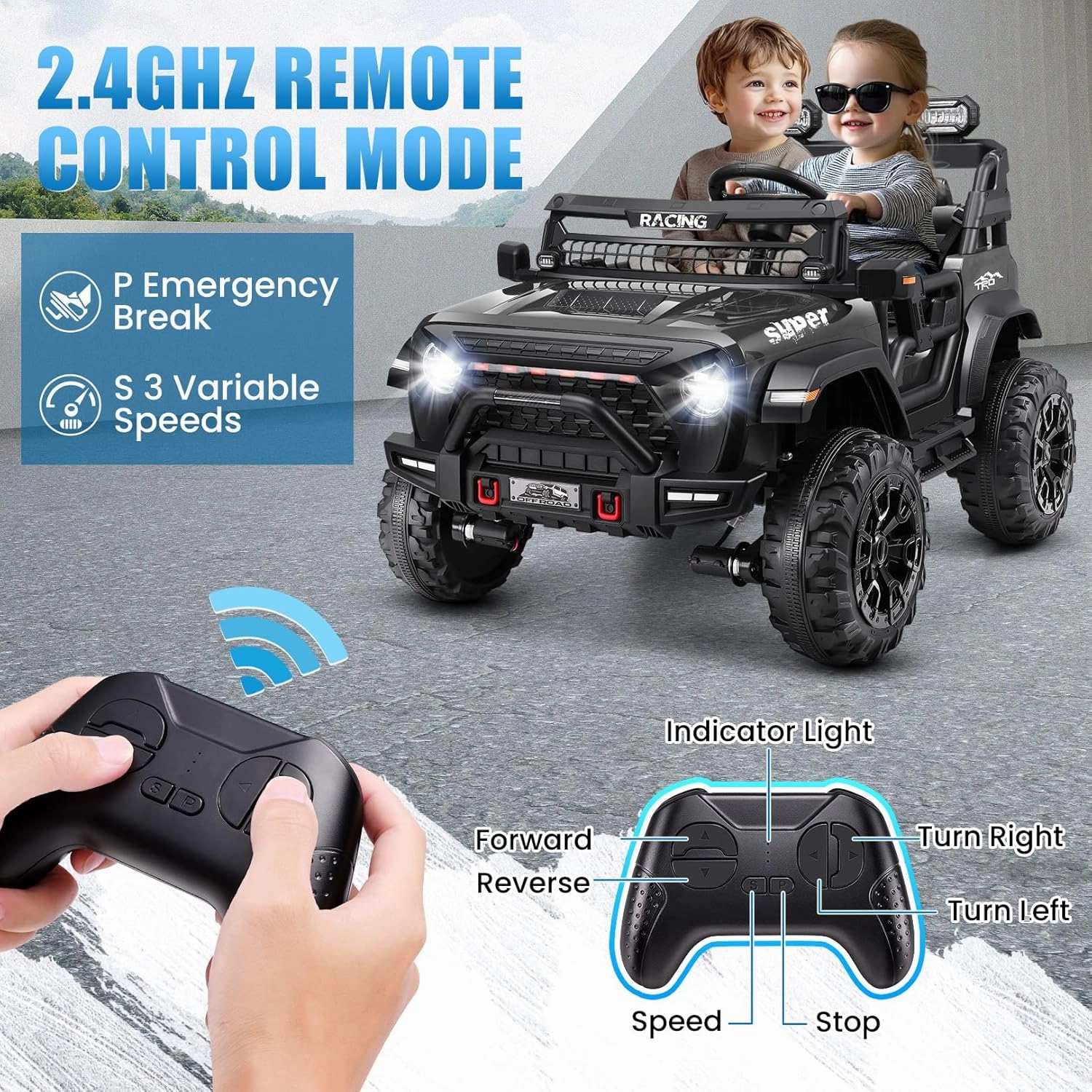 Hikole 24V Ride on Car with Remote Control, 2 Seater Electric Car for Kids w/20 Inch Wide Seat, 4x100W Motor, LED Headlight & Music Player, Power Car Wheels Ride on Toys for Boys Girls, Black