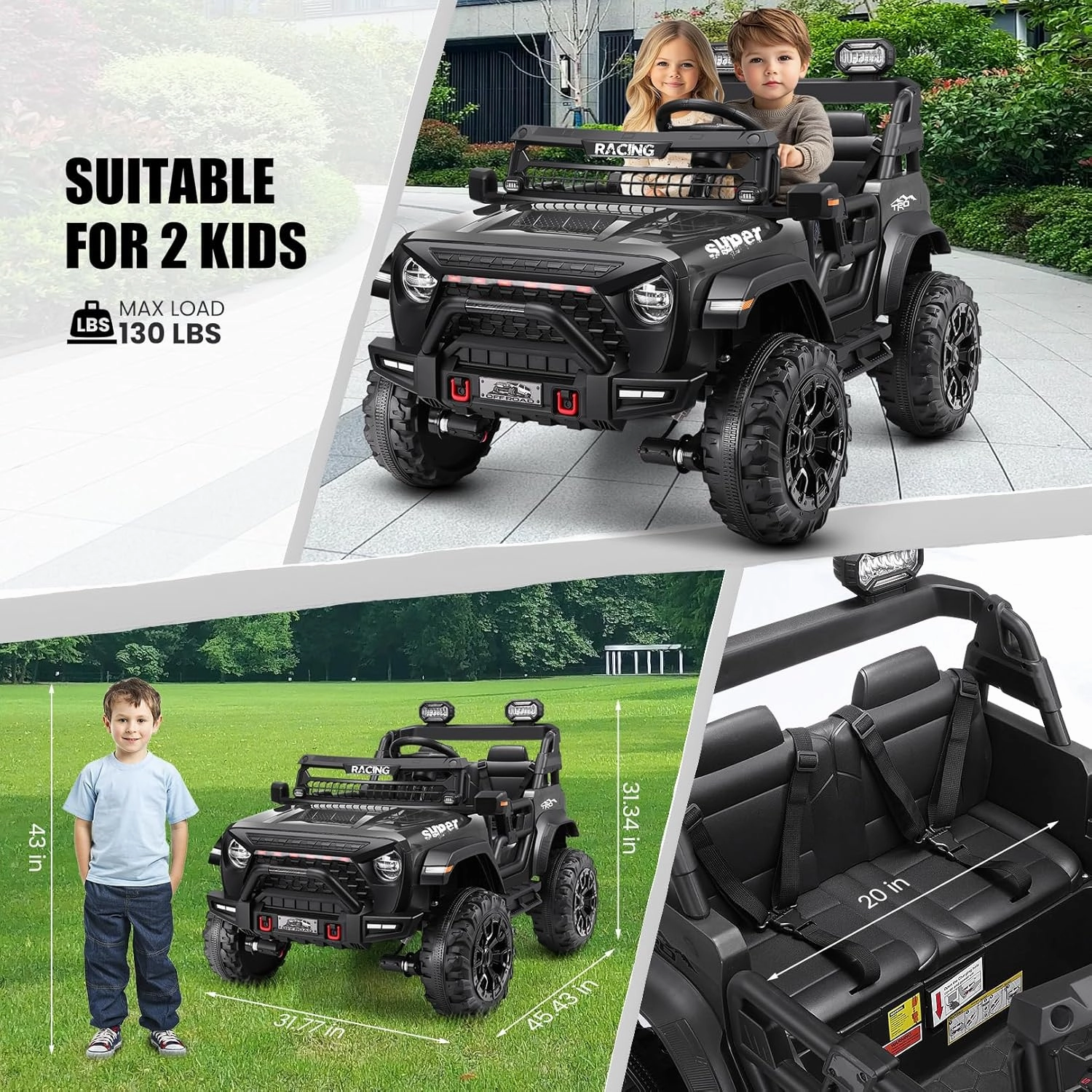Hikole 24V Ride on Car with Remote Control, 2 Seater Electric Car for Kids w/20 Inch Wide Seat, 4x100W Motor, LED Headlight & Music Player, Power Car Wheels Ride on Toys for Boys Girls, Black