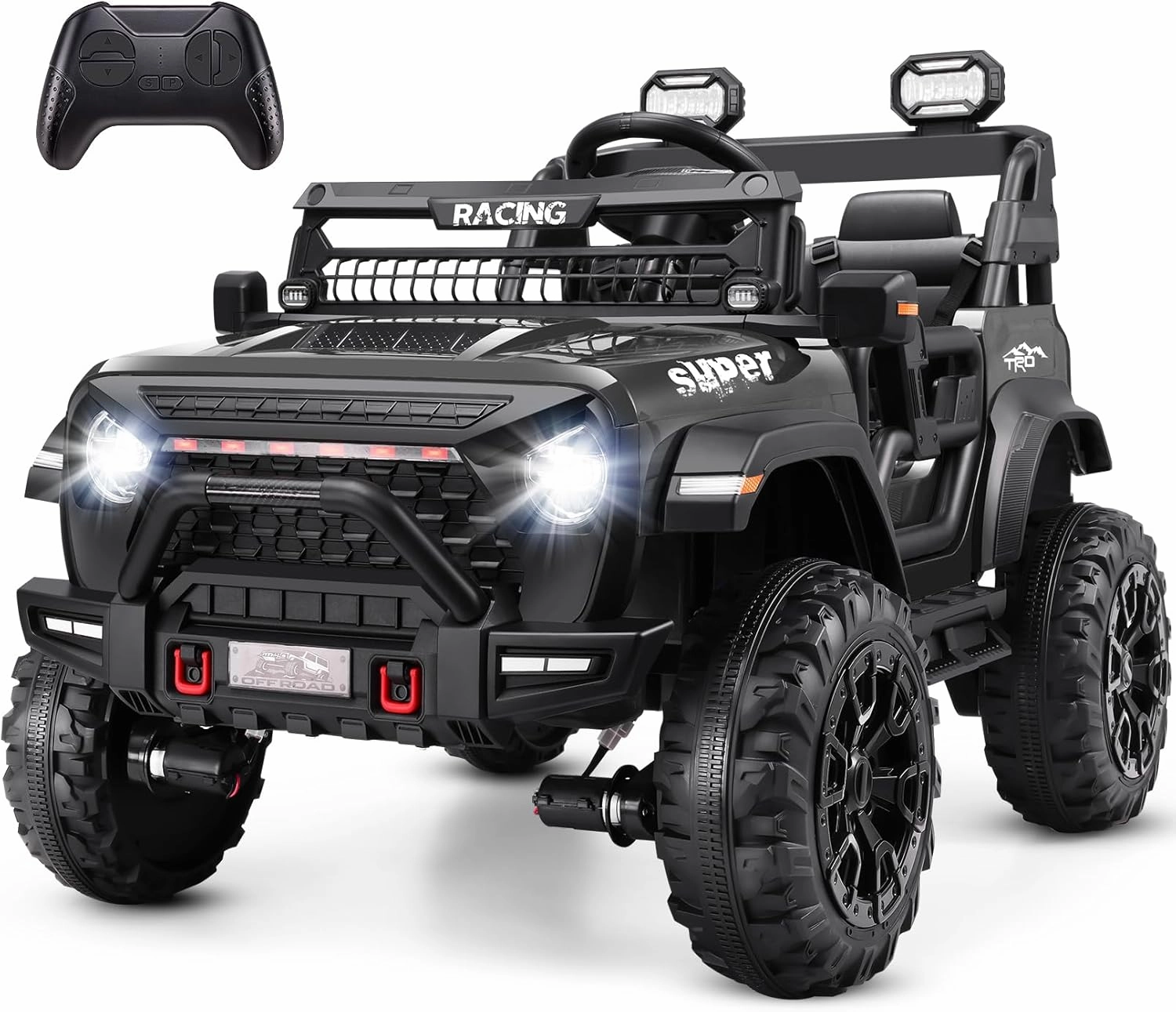 Hikole 24V Ride on Car with Remote Control, 2 Seater Electric Car for Kids w/20 Inch Wide Seat, 4x100W Motor, LED Headlight & Music Player, Power Car Wheels Ride on Toys for Boys Girls, Black